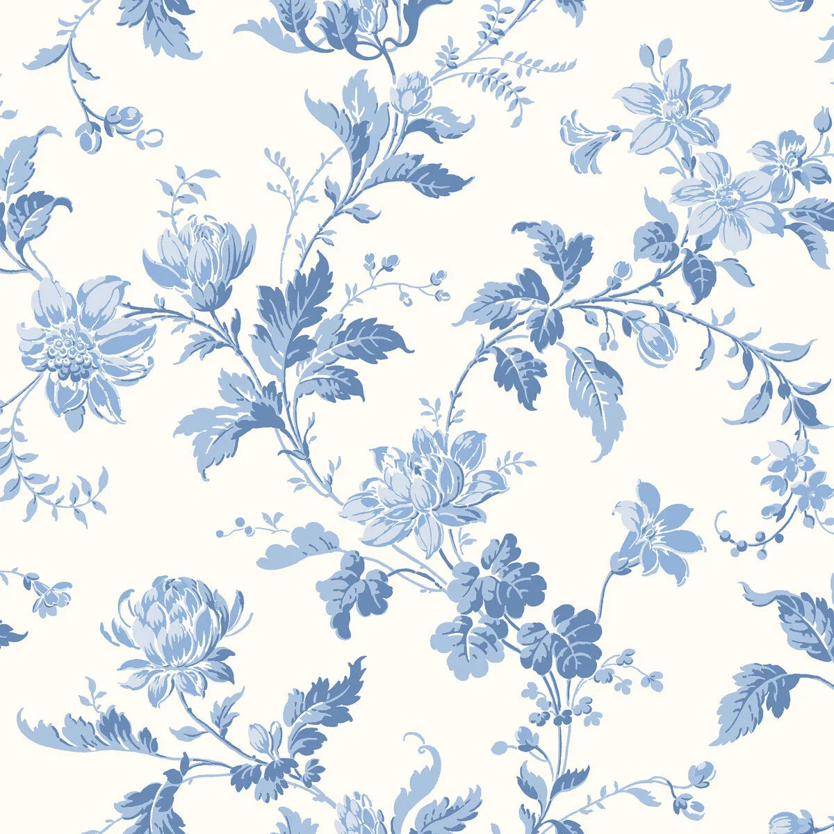 Non-woven paper wallpaper with a floral pattern BLOMSLINGA white with blue