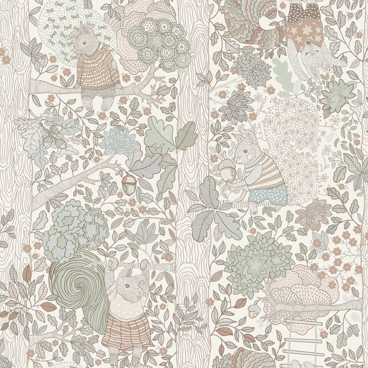 Children's wallpaper with a fairytale forest theme CHARLIE cream with green
