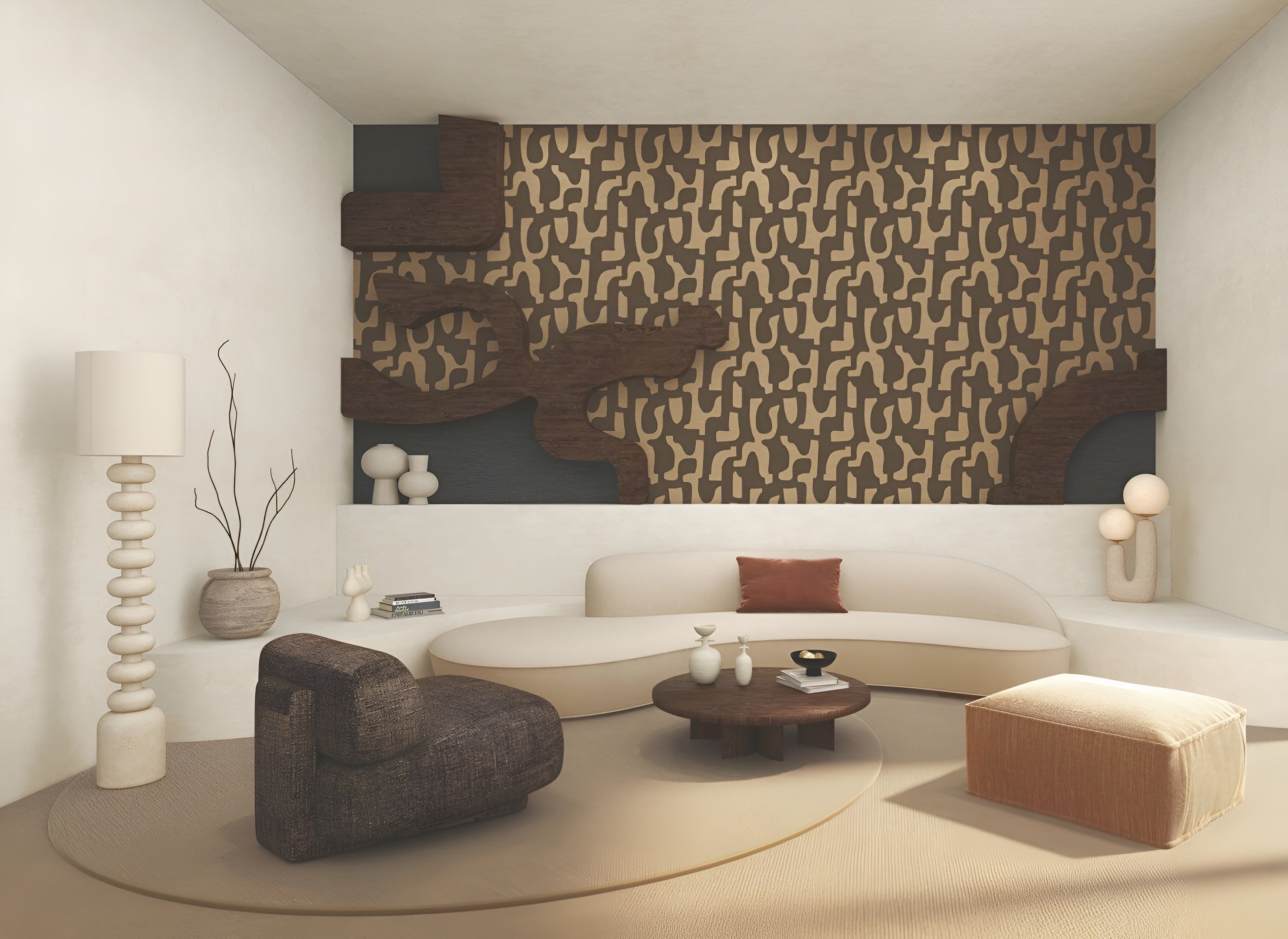 Structural wallpaper imitating fabric in abstract organic shapes SERAN - MORDORÉ brown with beige