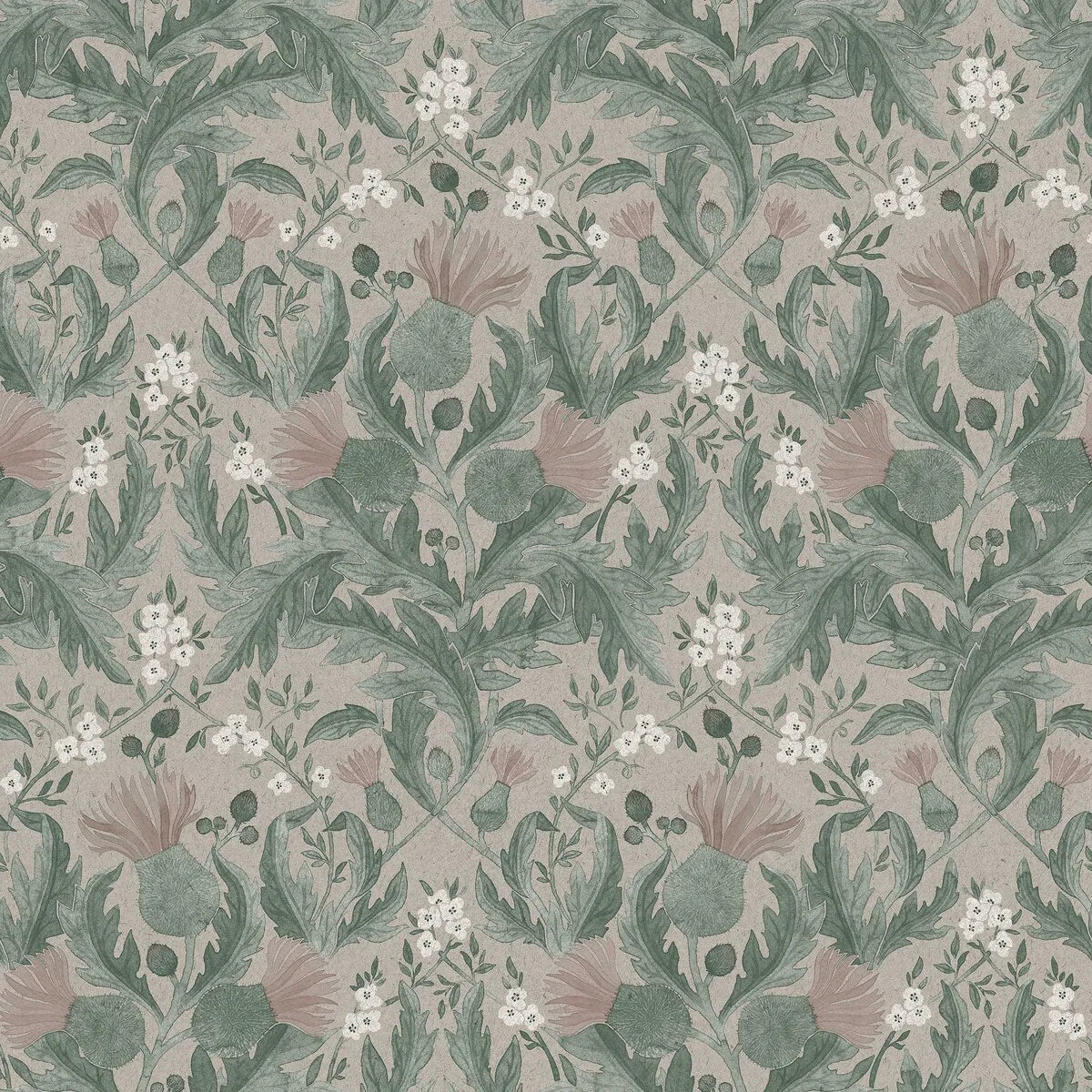 Thistle Plant Pattern Wallpaper in Muted Green with Pink and Beige