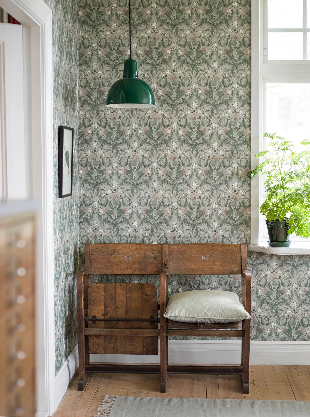 Thistle Plant Pattern Wallpaper in Muted Green with Pink and Beige