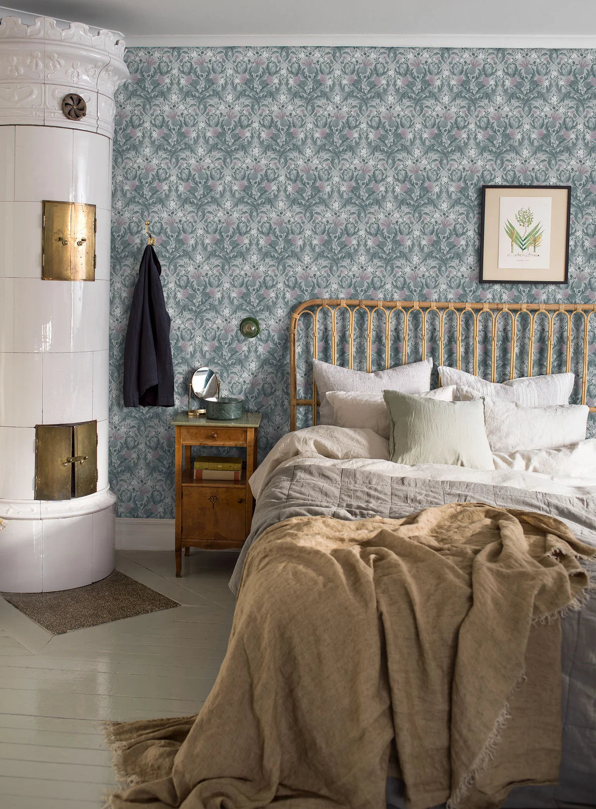 Thistle Plant Pattern Wallpaper in Muted Blue with Pink