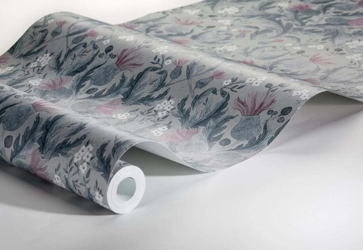 Thistle Plant Pattern Wallpaper in Muted Blue with Pink