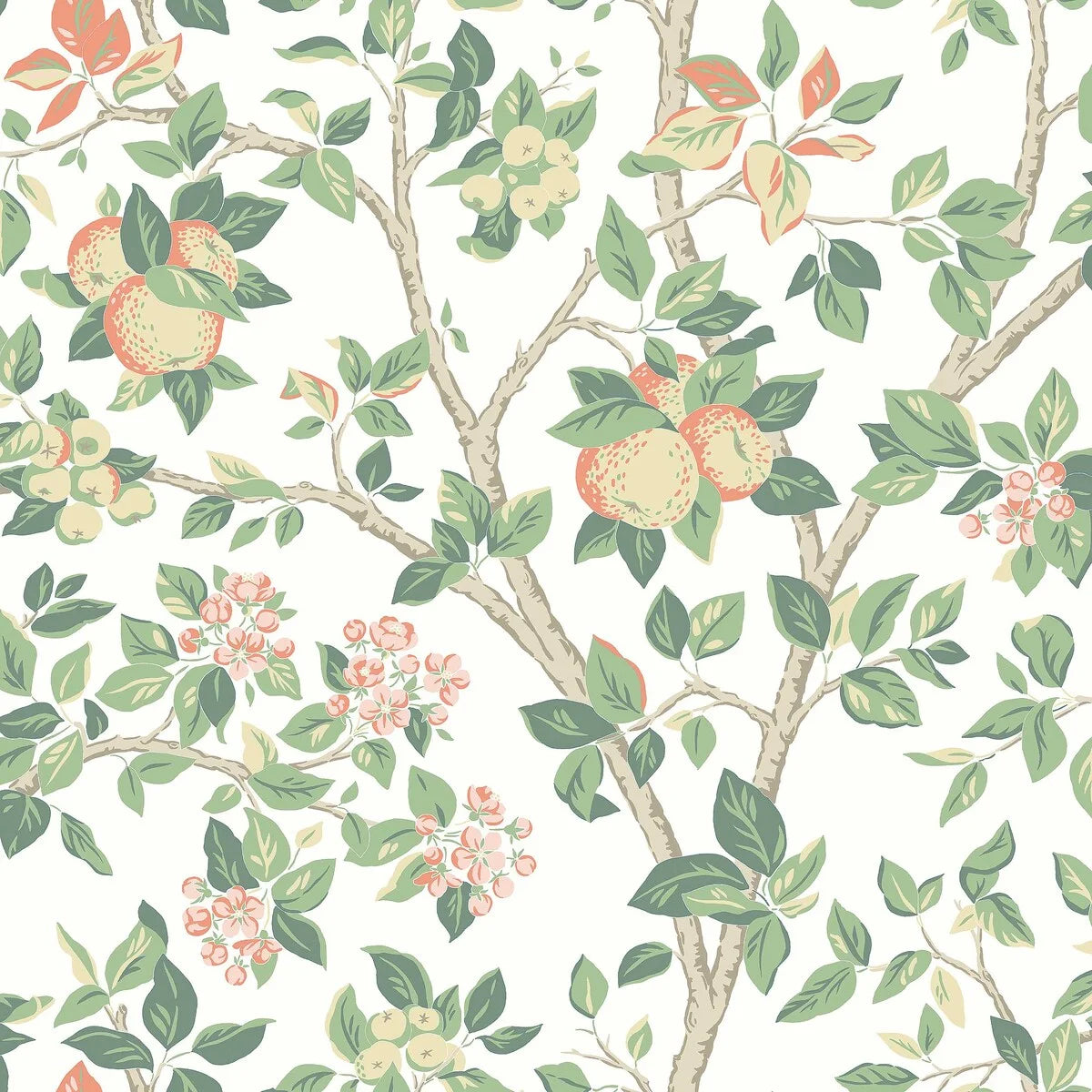 Wallpaper with a botanical pattern of the Ingrid Marie fruit tree in white and green