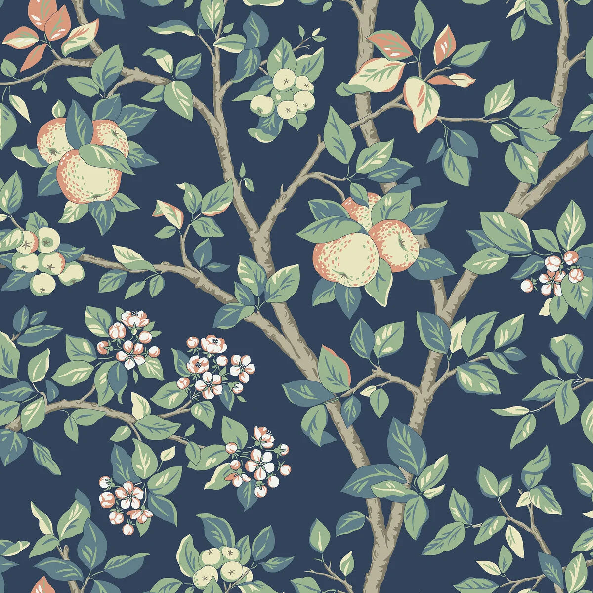 Wallpaper with a fruit tree plant pattern INGRID MARIE dark blue with green