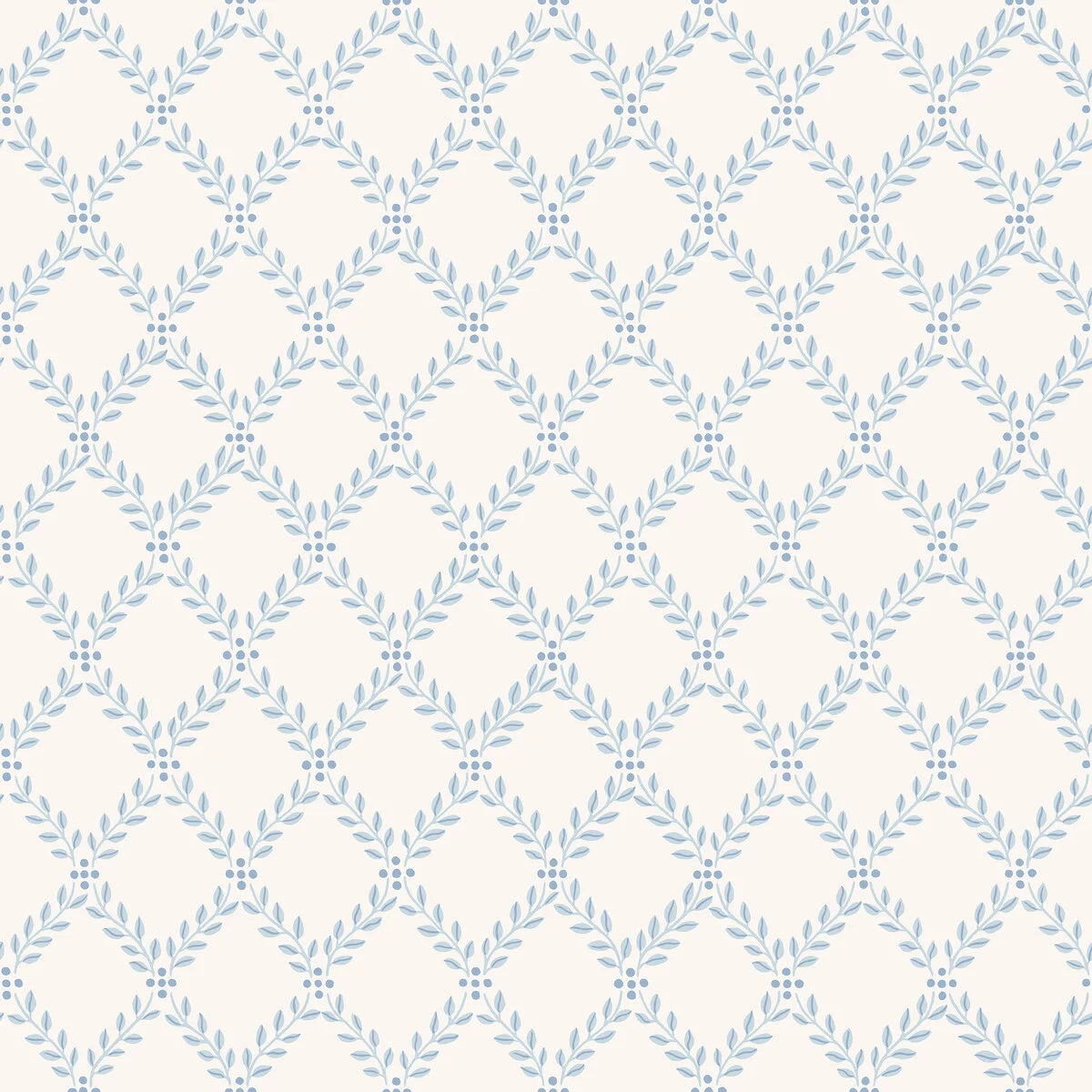 Wallpaper with a geometric plant pattern of TRELLIS LEAVES in cream with blue