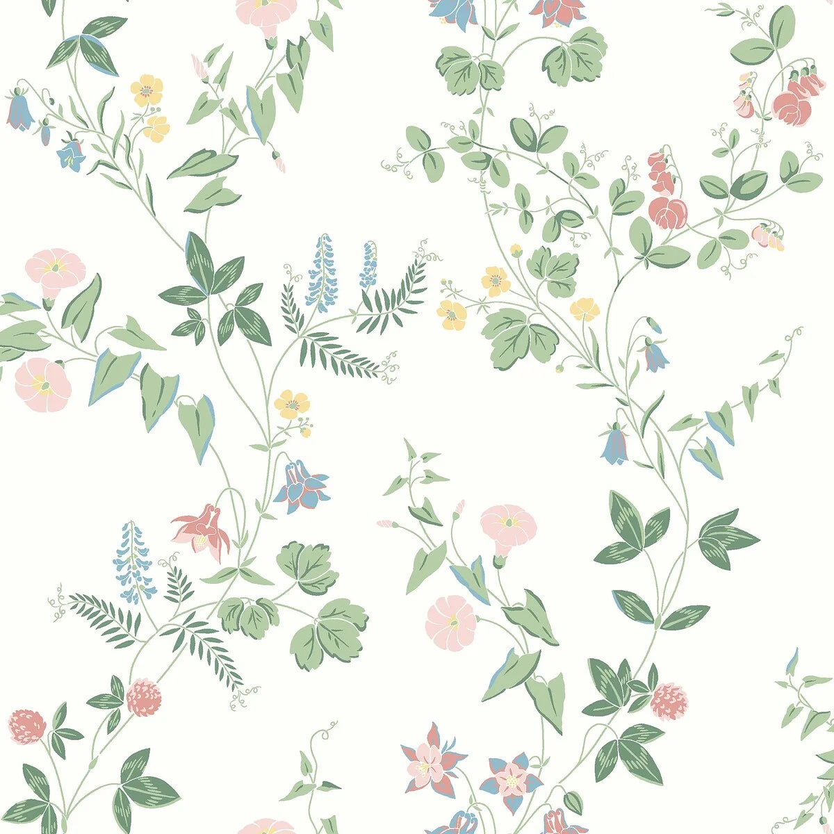 Wallpaper with a floral pattern of flowers and leaves MIDSUMMER EVE white with green