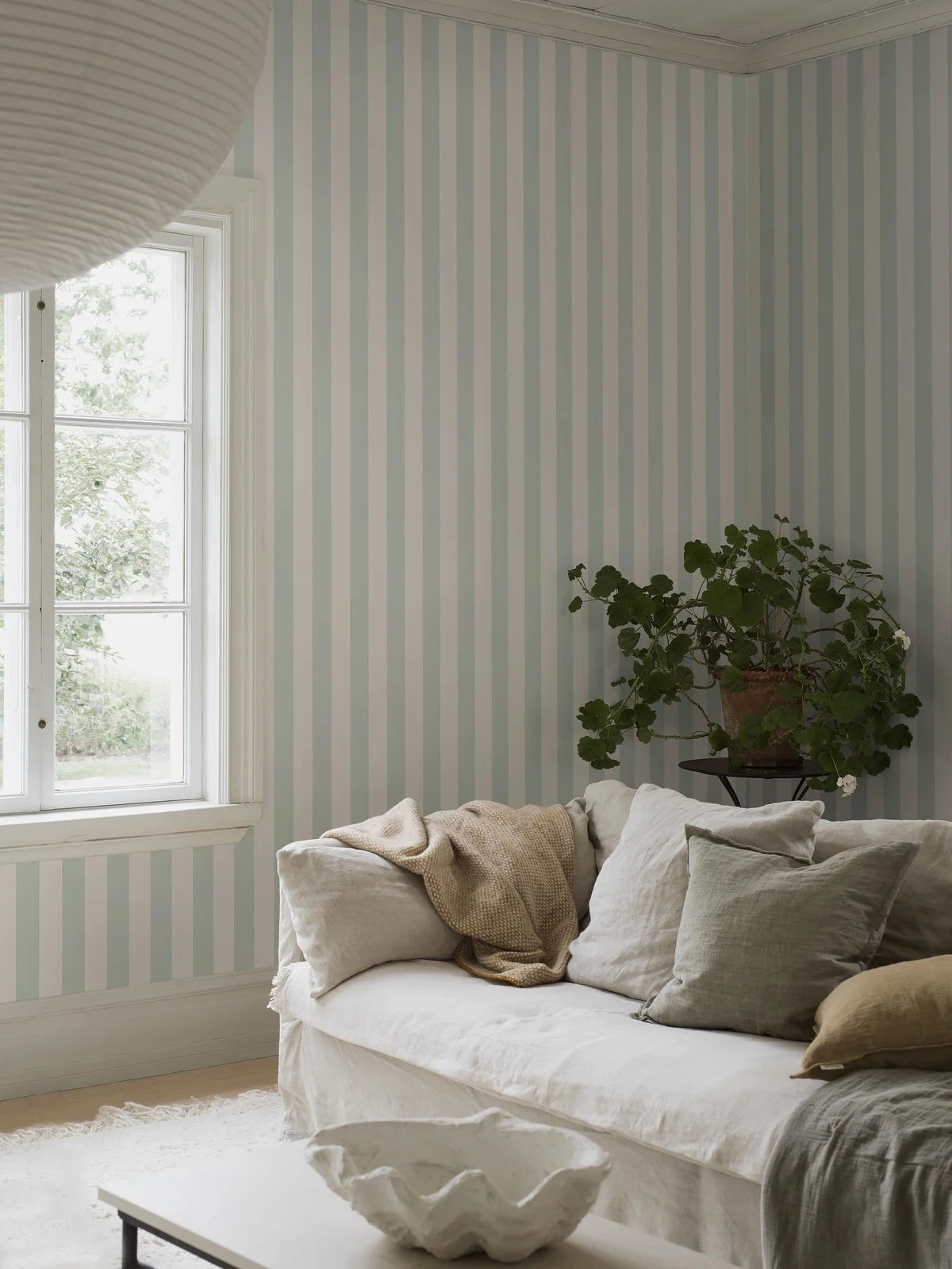 Non-woven paper wallpaper in stripes FALSTERBO STRIPE white with green
