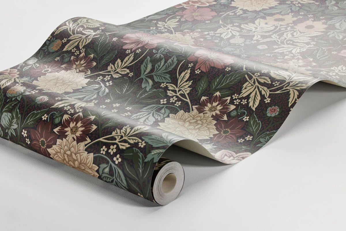 Non-woven paper wallpaper with a floral pattern DAHLIA GARDEN in dusty pink with green