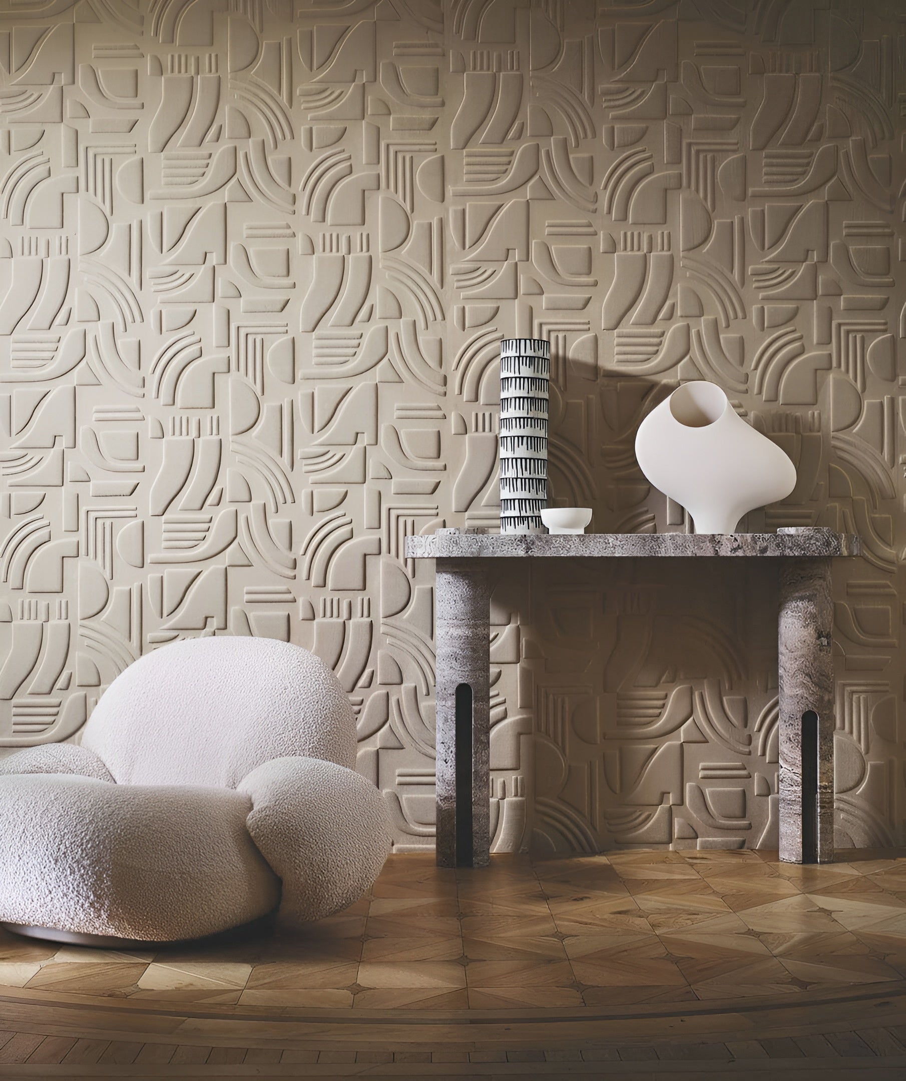 Textile structural wallpaper with geometric pattern LINSOLITE - NATUREL beige