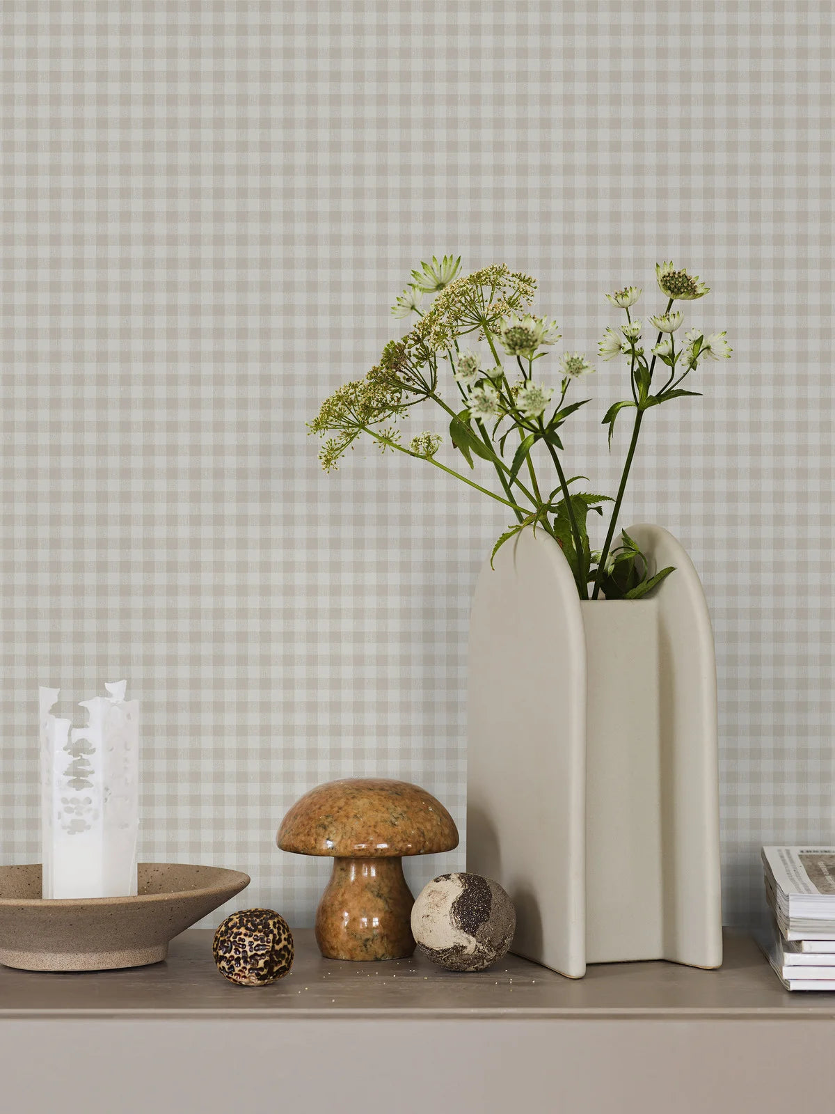 Structural wallpaper imitating linen in plaid PICNIC CHECK gray with beige