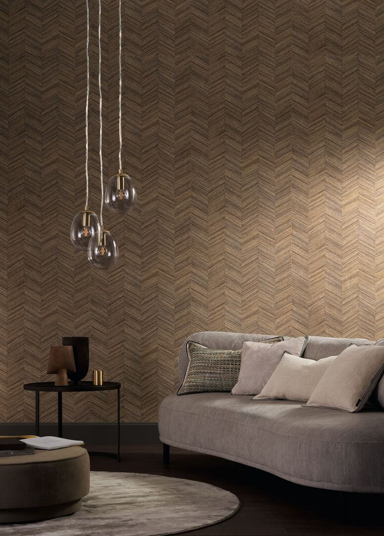 Vinyl wallpaper on fleece with herringbone pattern OCOTEA - SEPIA warm brown