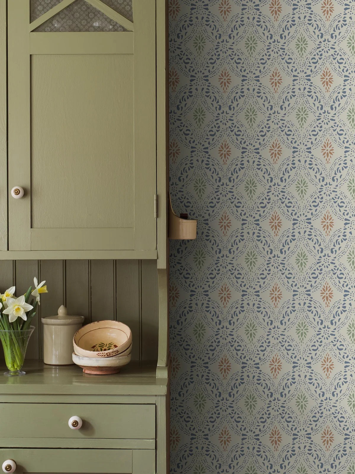 Non-woven paper wallpaper with geometric pattern KVARNHOLMEN blue with sand