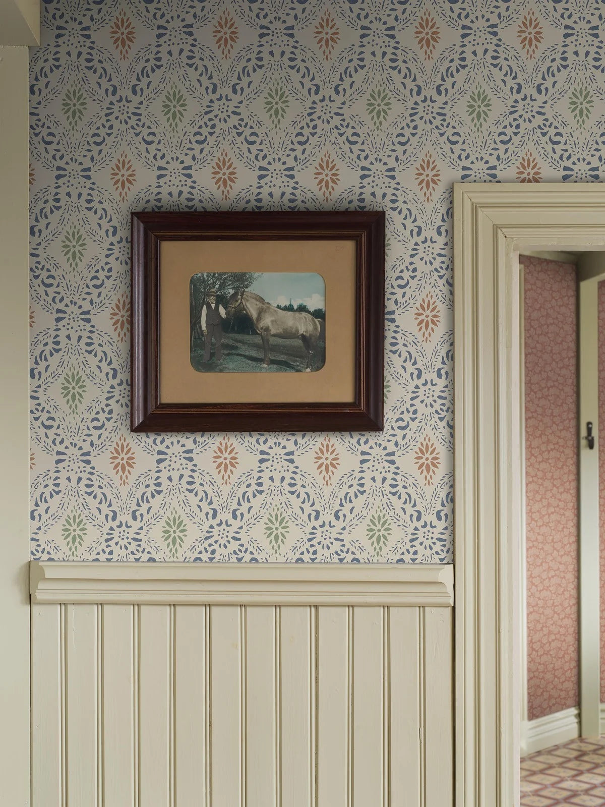 Non-woven paper wallpaper with geometric pattern KVARNHOLMEN blue with sand