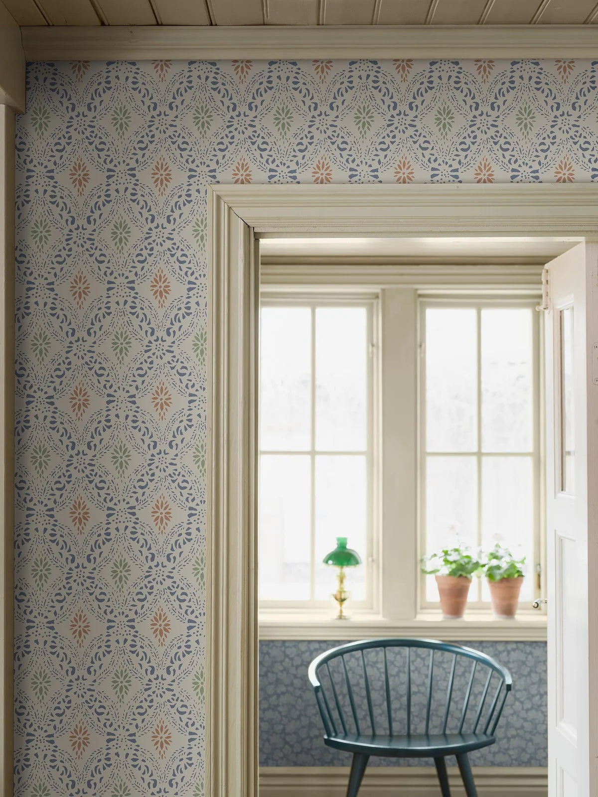 Non-woven paper wallpaper with geometric pattern KVARNHOLMEN blue with sand