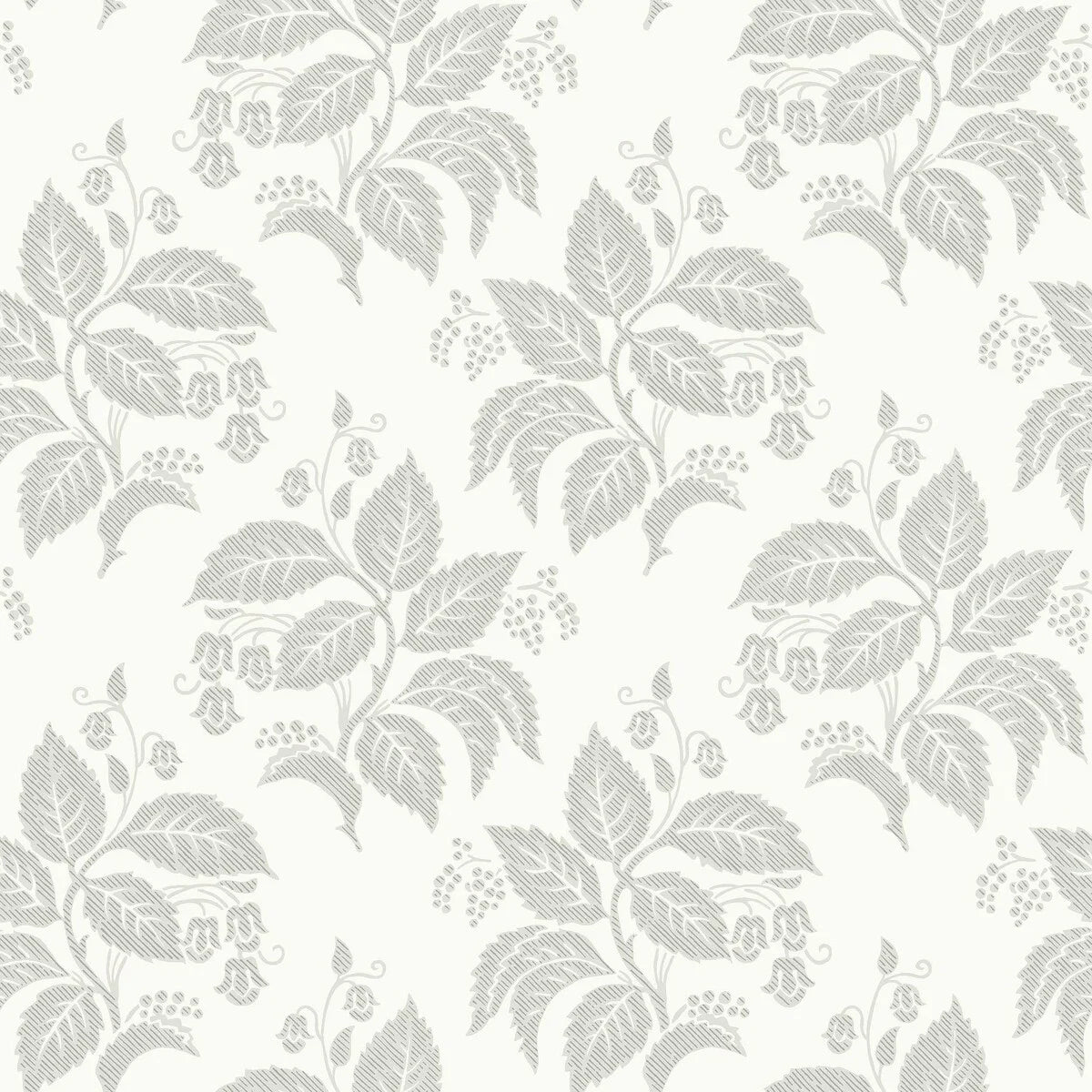 Non-woven paper wallpaper with a plant pattern TENGBERGSKA white with gray