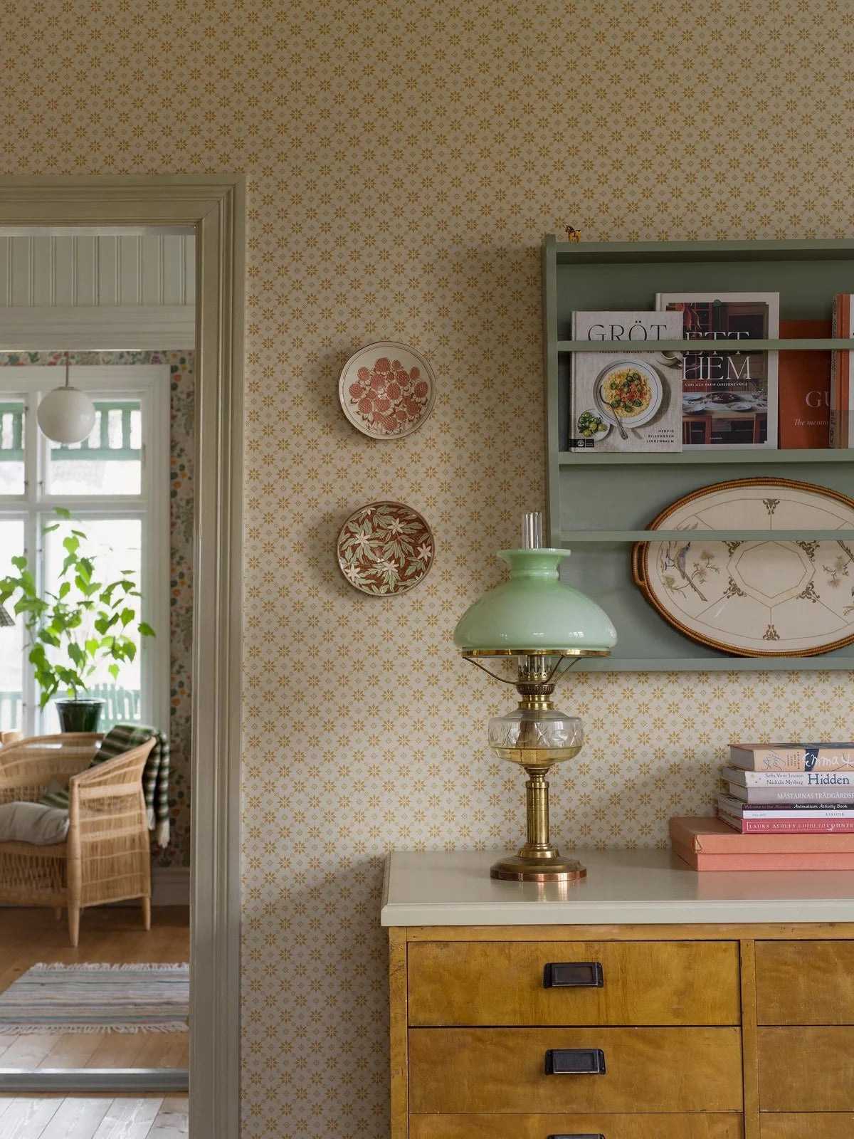 Paper non-woven wallpaper with geometric pattern STELLA light beige with yellow