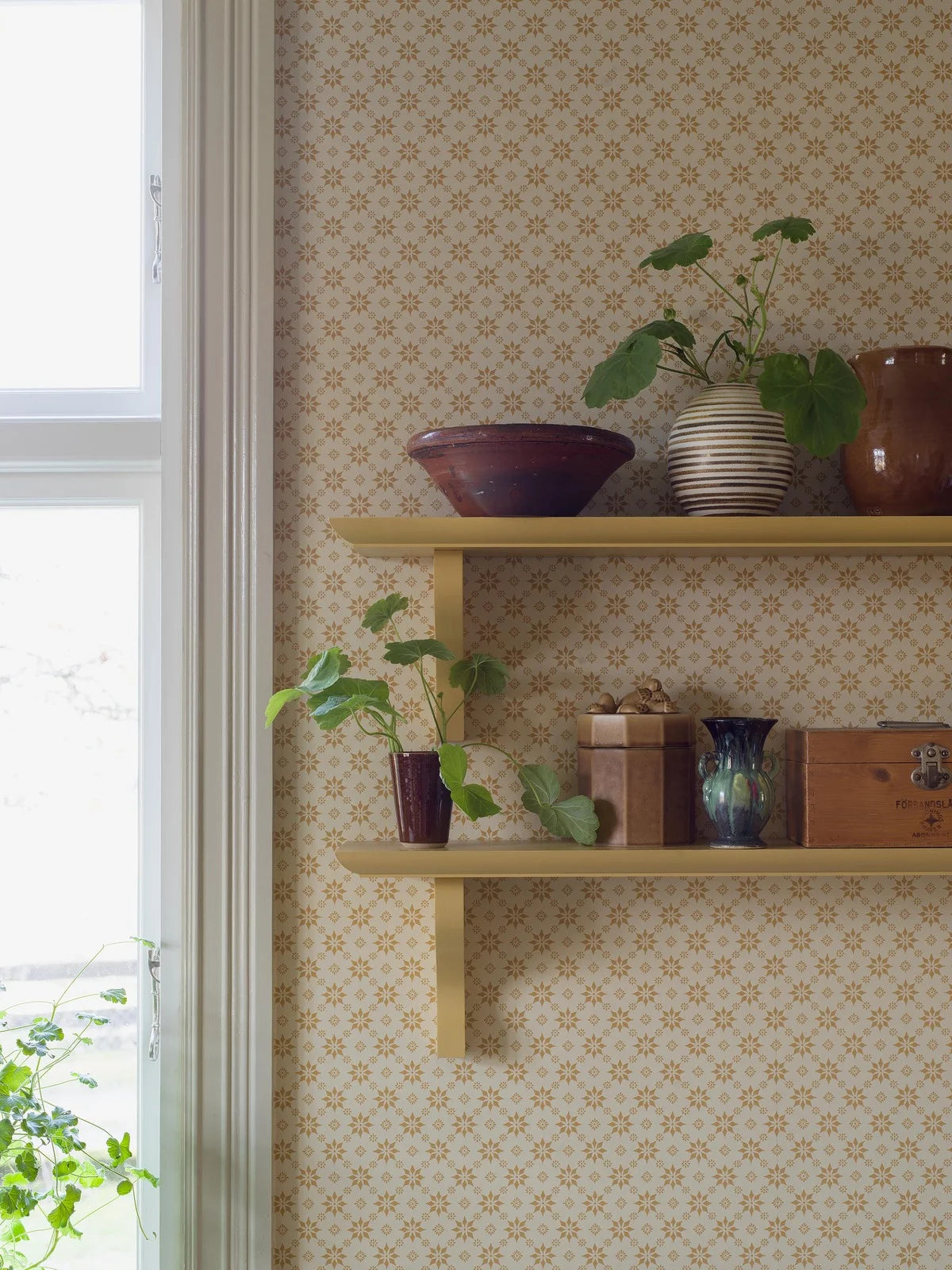 Paper non-woven wallpaper with geometric pattern STELLA light beige with yellow