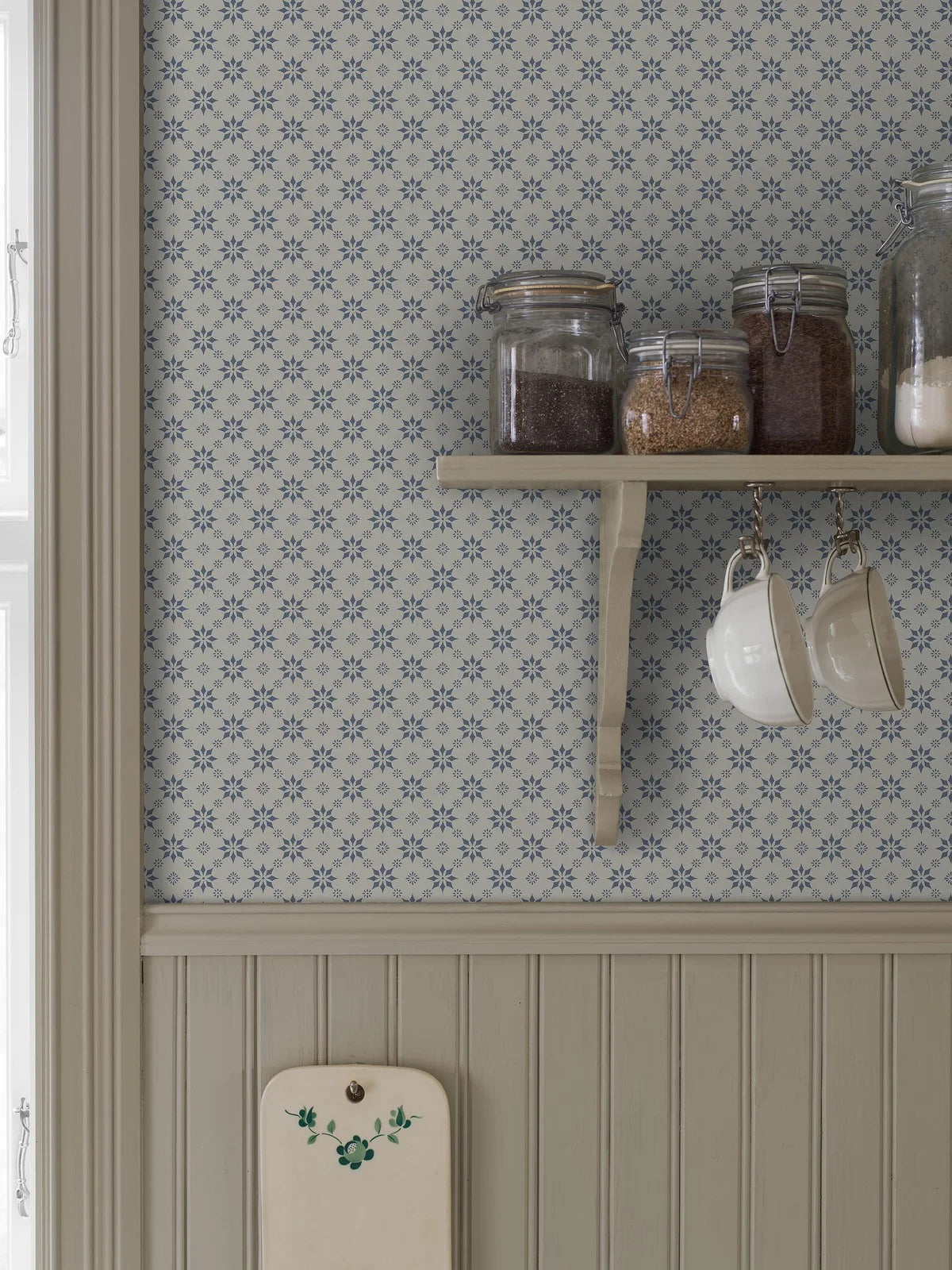 Non-woven paper wallpaper with geometric pattern STELLA white with blue