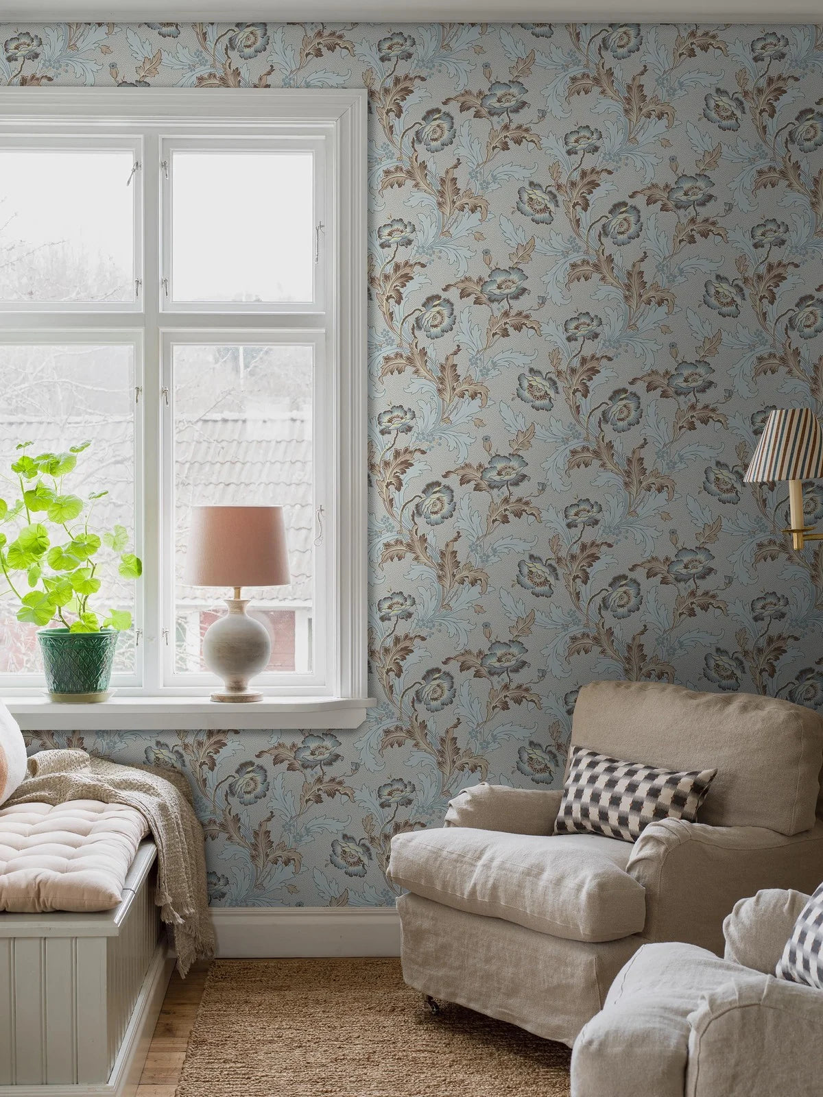 Non-woven paper wallpaper with a botanical pattern GÖTEBORG in blue and beige