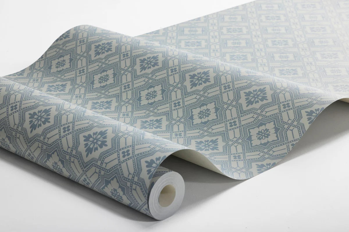 Non-woven paper wallpaper with geometric pattern FRIEDRICH blue with white