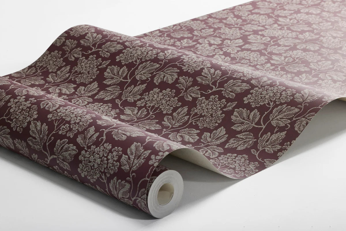Non-woven paper wallpaper with a botanical pattern HAGTORN burgundy