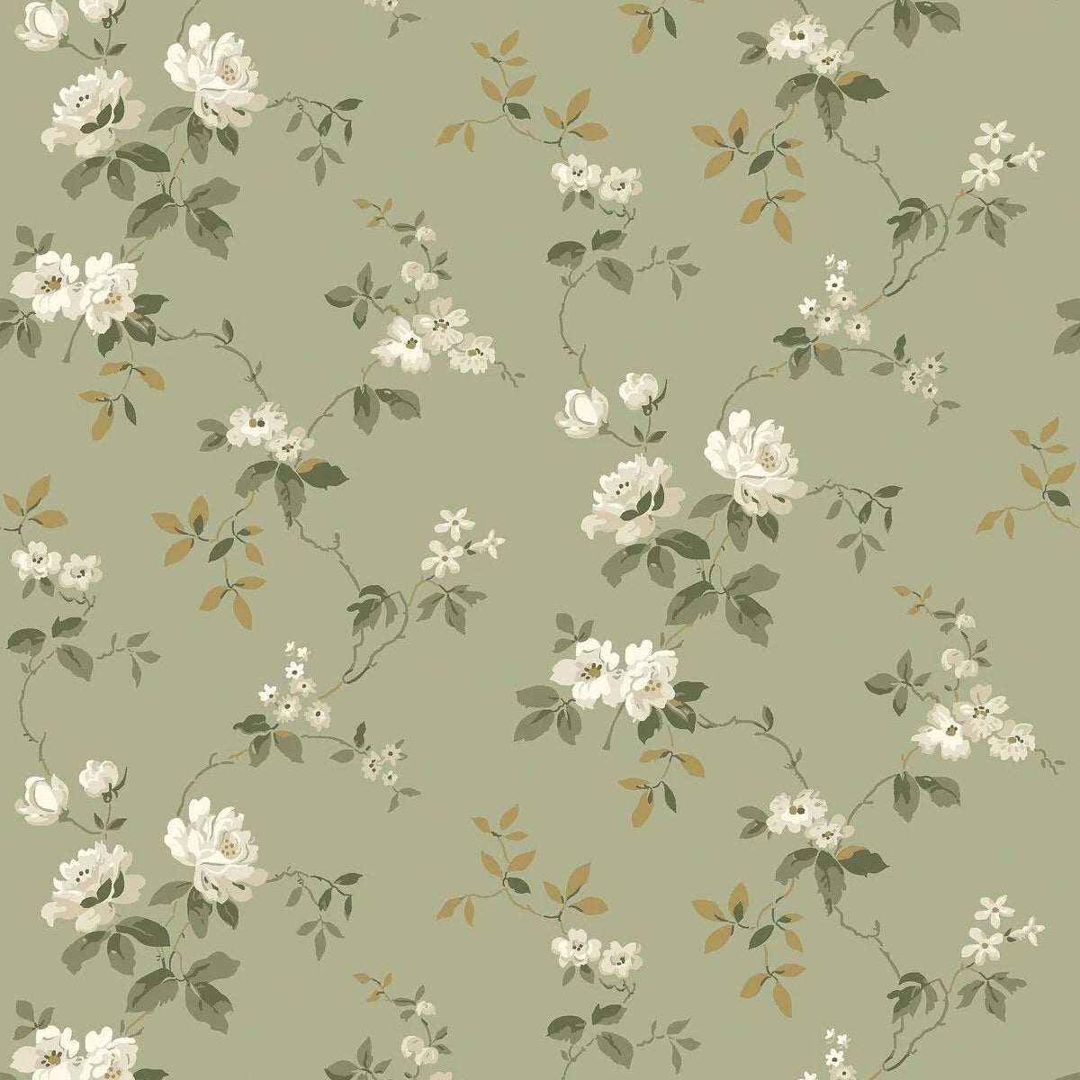 Non-woven paper wallpaper with a botanical pattern VÄRMDÖ green with white