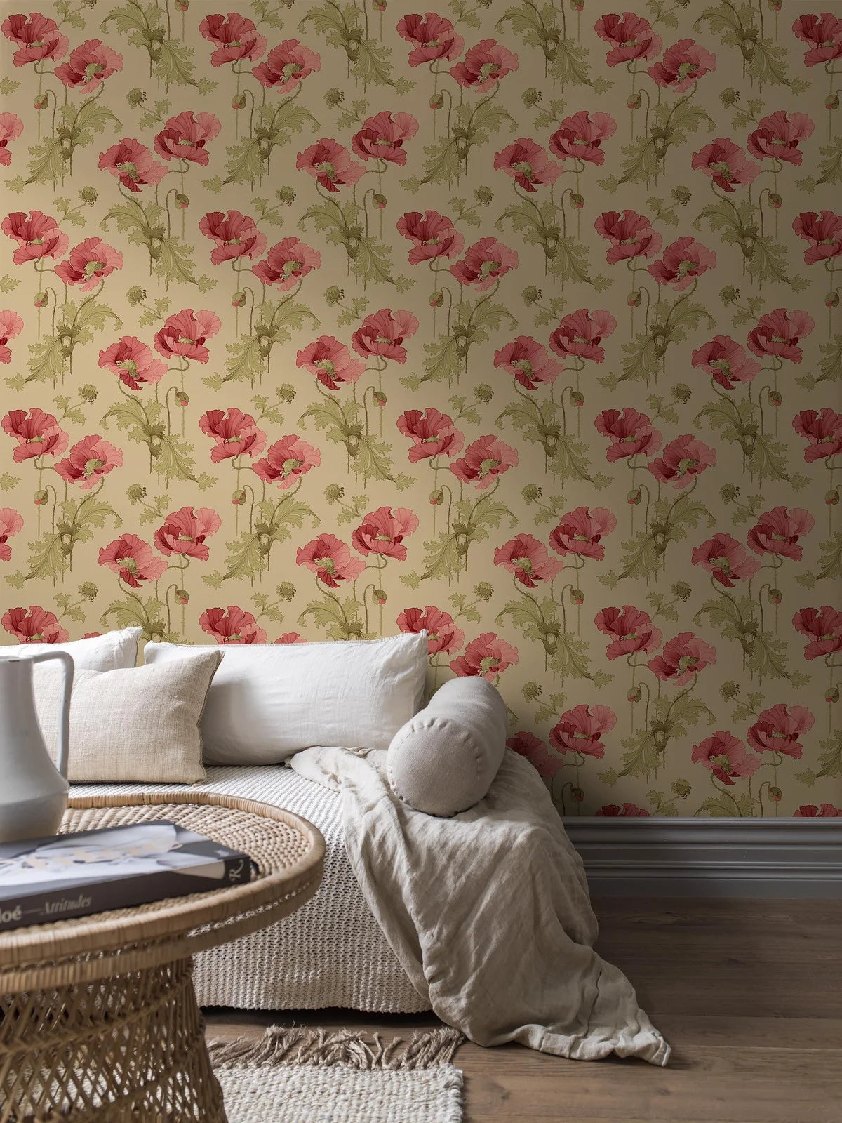 Non-woven paper wallpaper with a floral pattern VALLMO beige with pink