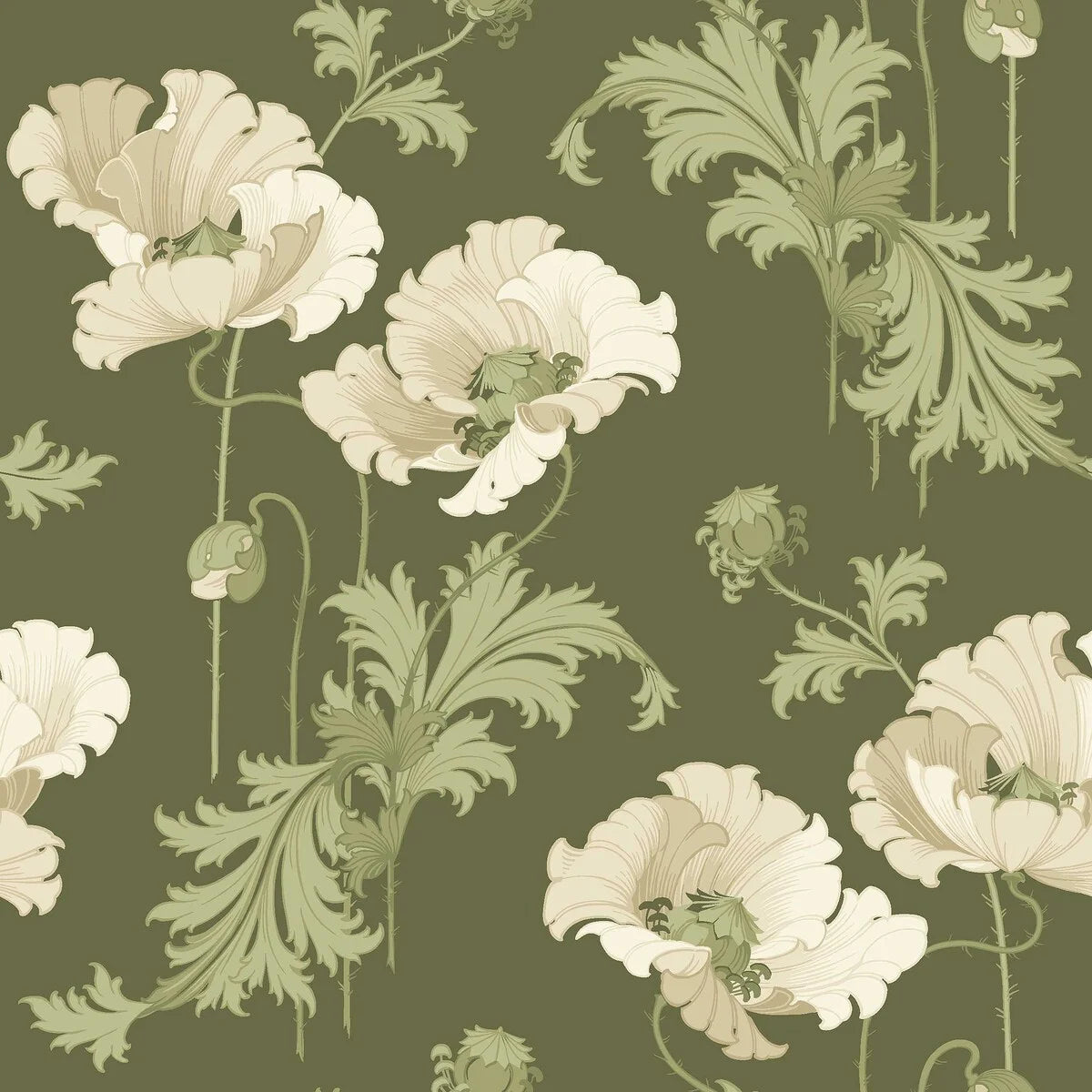 Non-woven paper wallpaper with a floral pattern VALLMO green with light beige