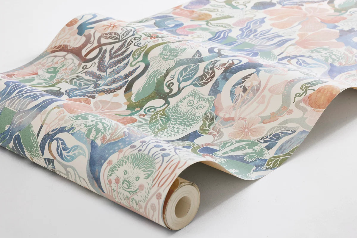 Children's wallpaper with a fairy tale forest theme MAGIC WOODS beige with navy blue