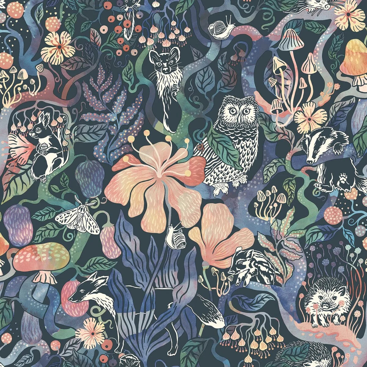 Children's wallpaper with a fairy tale forest theme MAGIC WOODS blue with pink