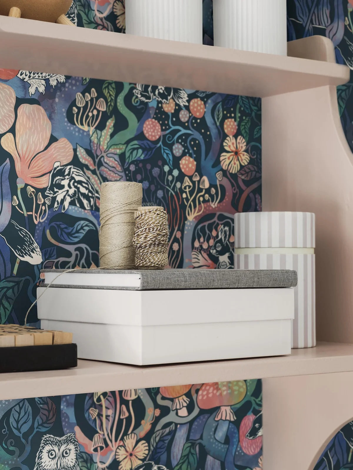 Children's wallpaper with a fairy tale forest theme MAGIC WOODS blue with pink