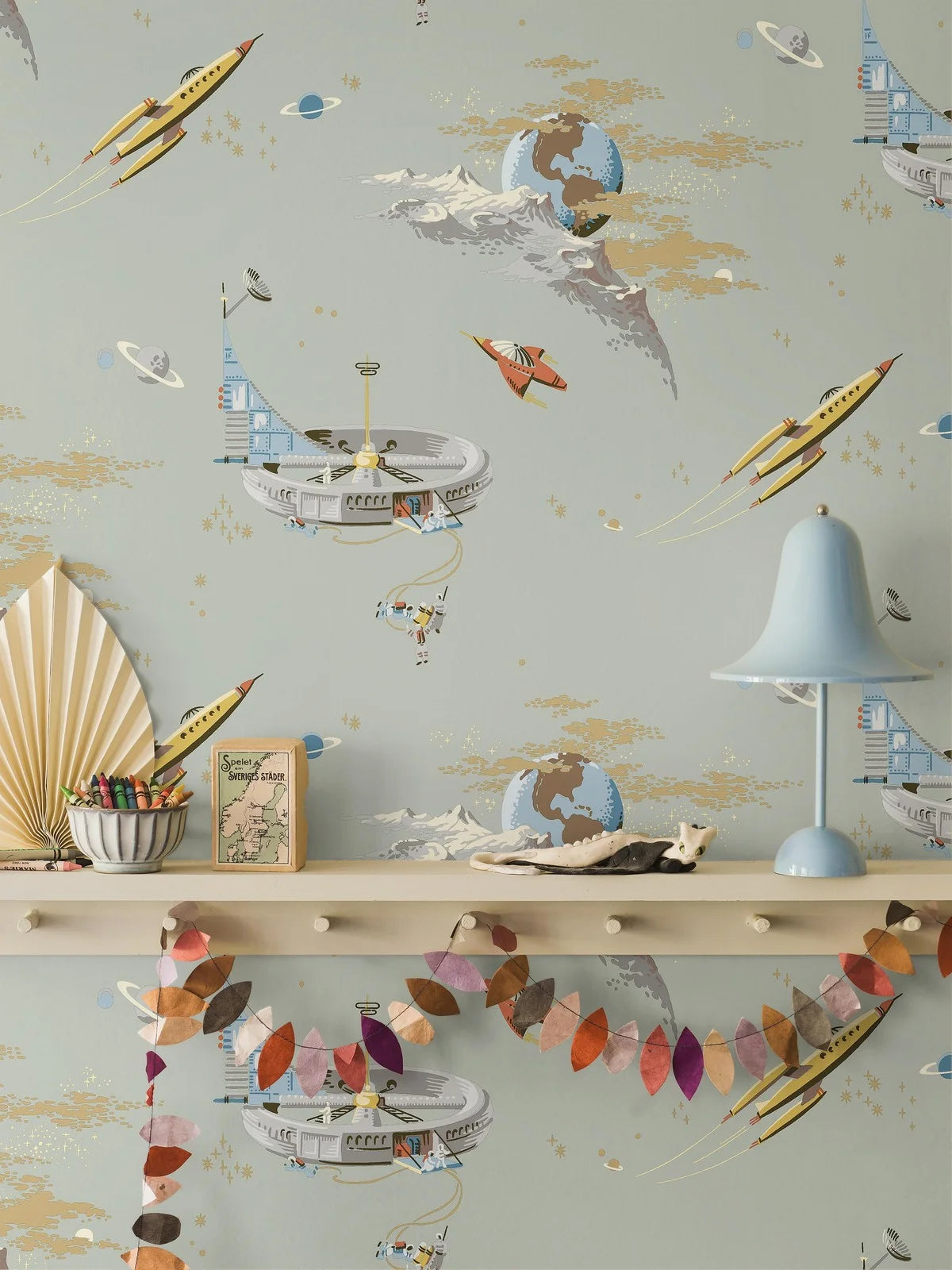 Children's wallpaper with a space theme SPACE ADVENTURE muted green