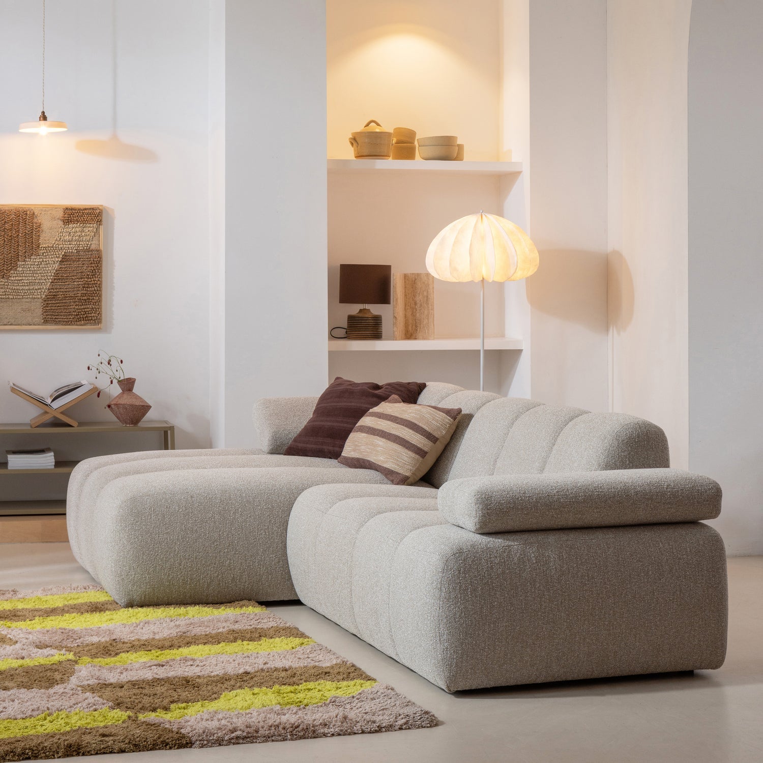 Left-facing modular corner sofa MOJO beige mélange bouclé