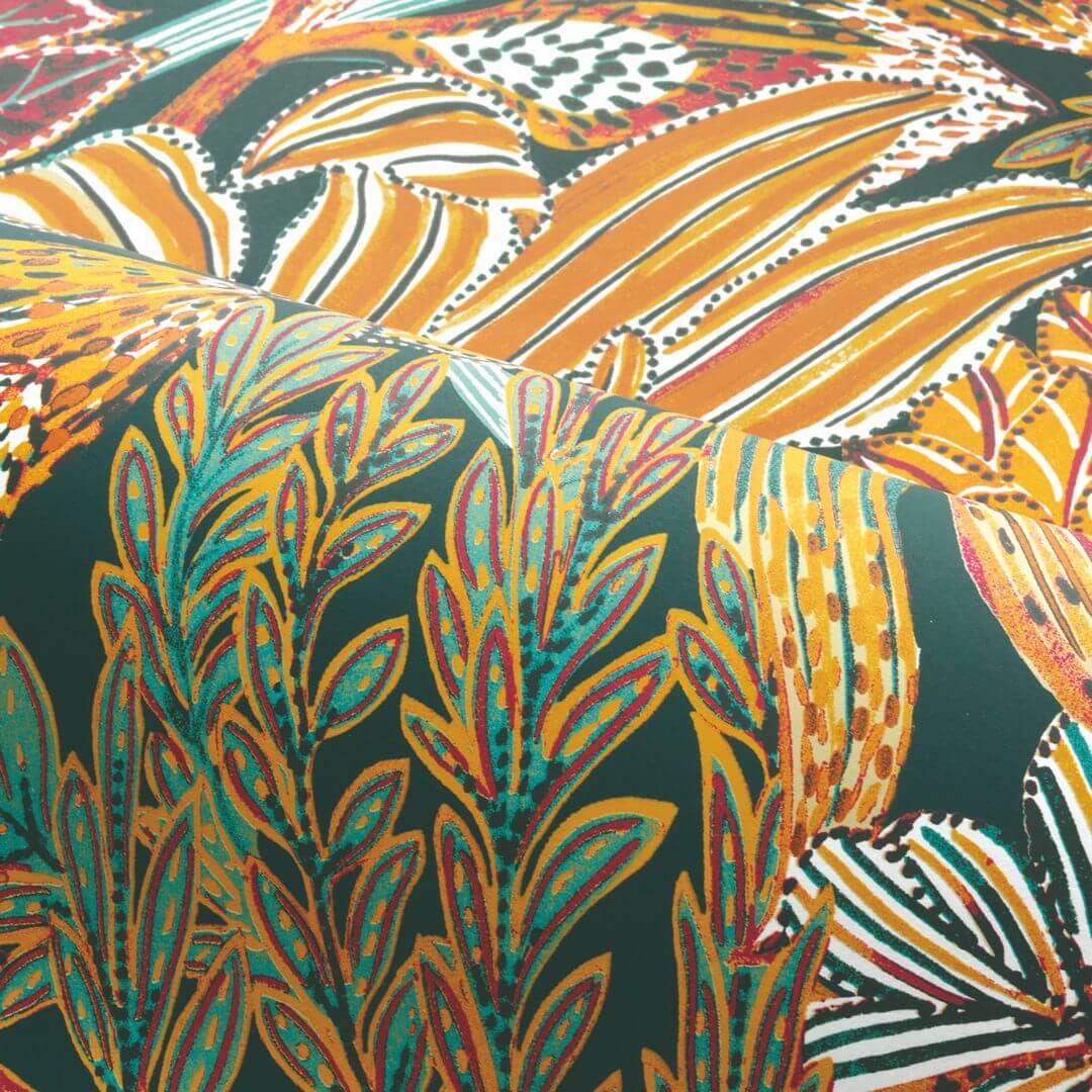 Non-woven wallpaper with a plant motif BORROMMEE - PETROLE/MULTICO turquoise with green