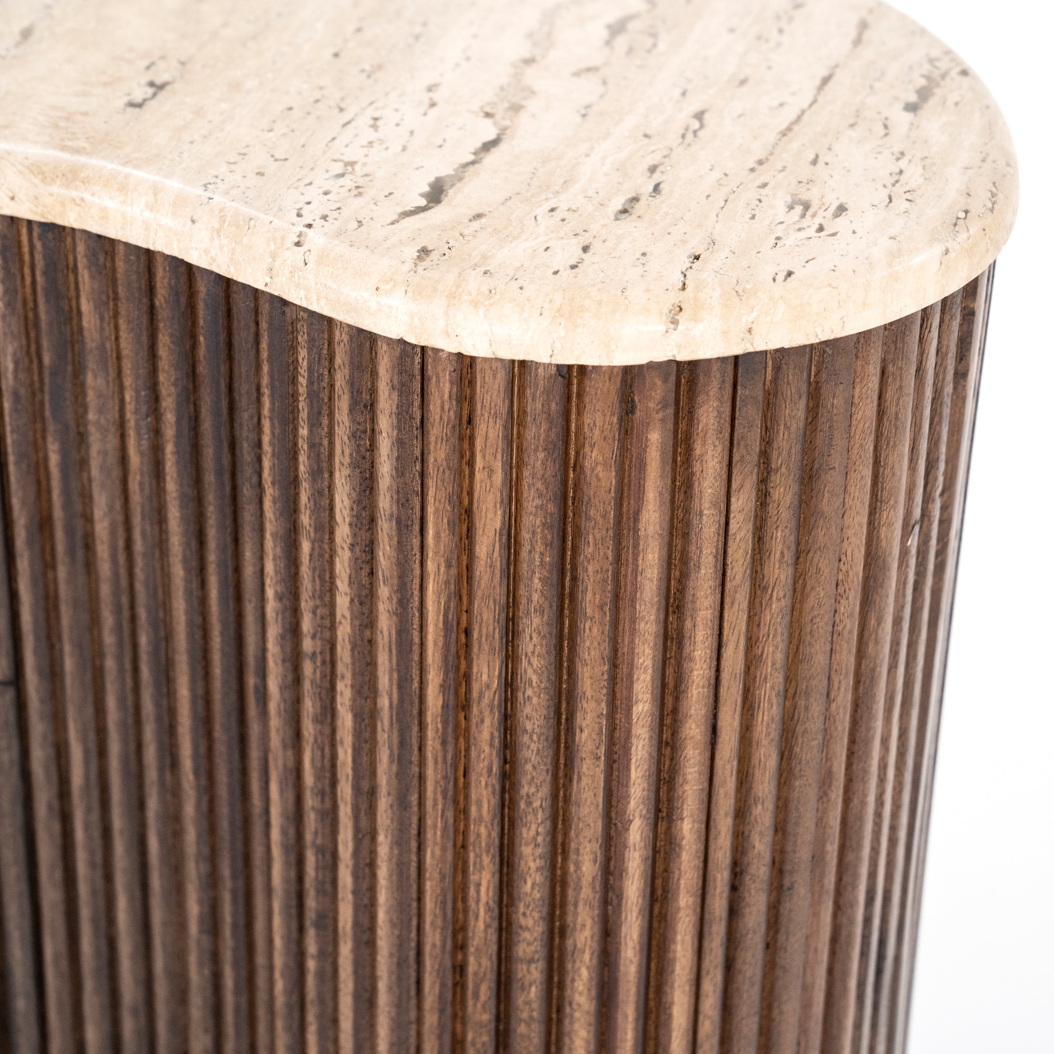 MARI side table made of mango wood with a travertine top