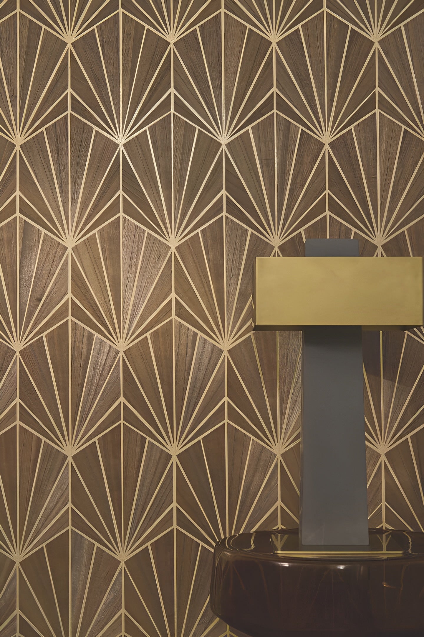 Art Deco Geometric Pattern Veneered Wallpaper MYTHIQUE - DARK OAK Brown Oak