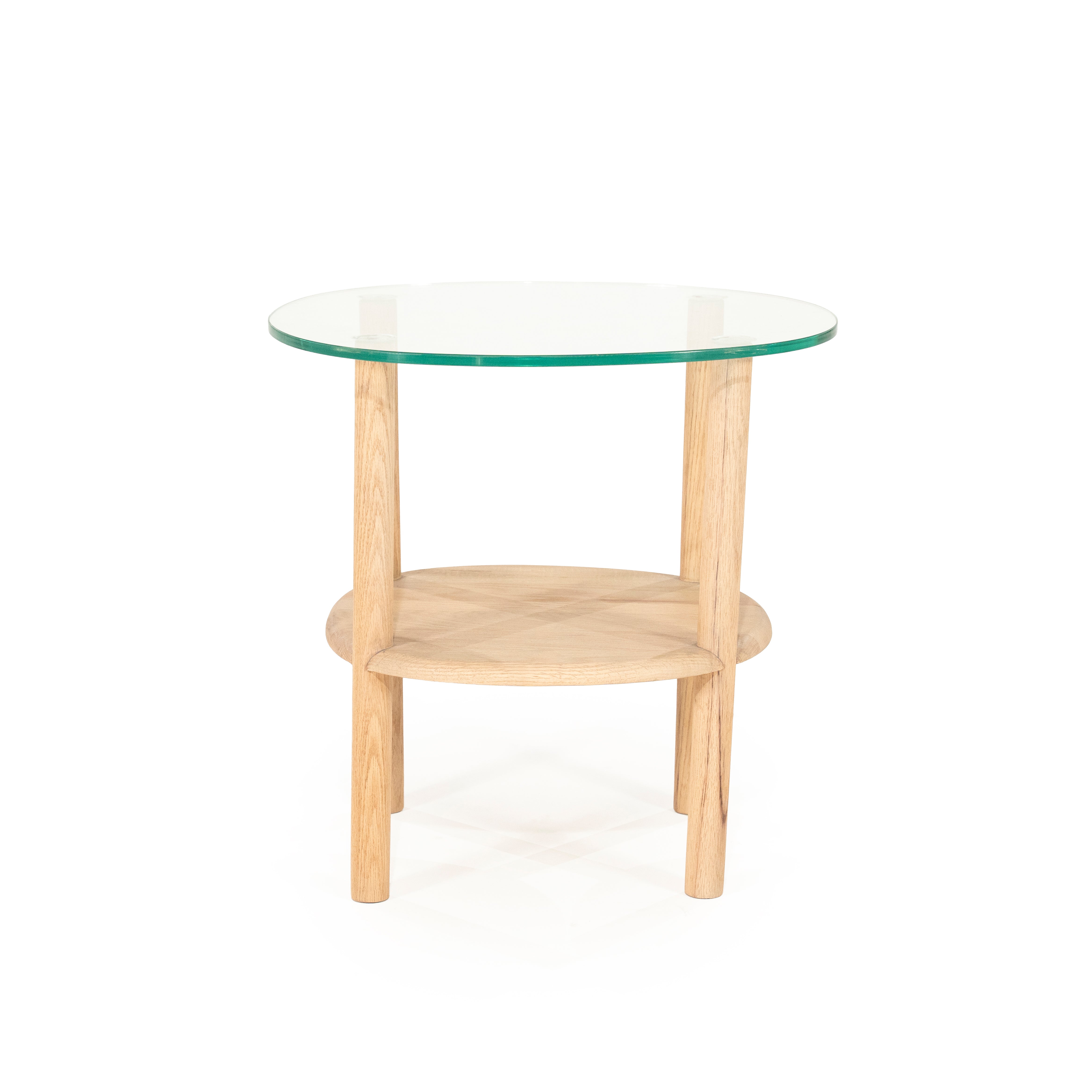CLEO side table made of oak wood with a glass top