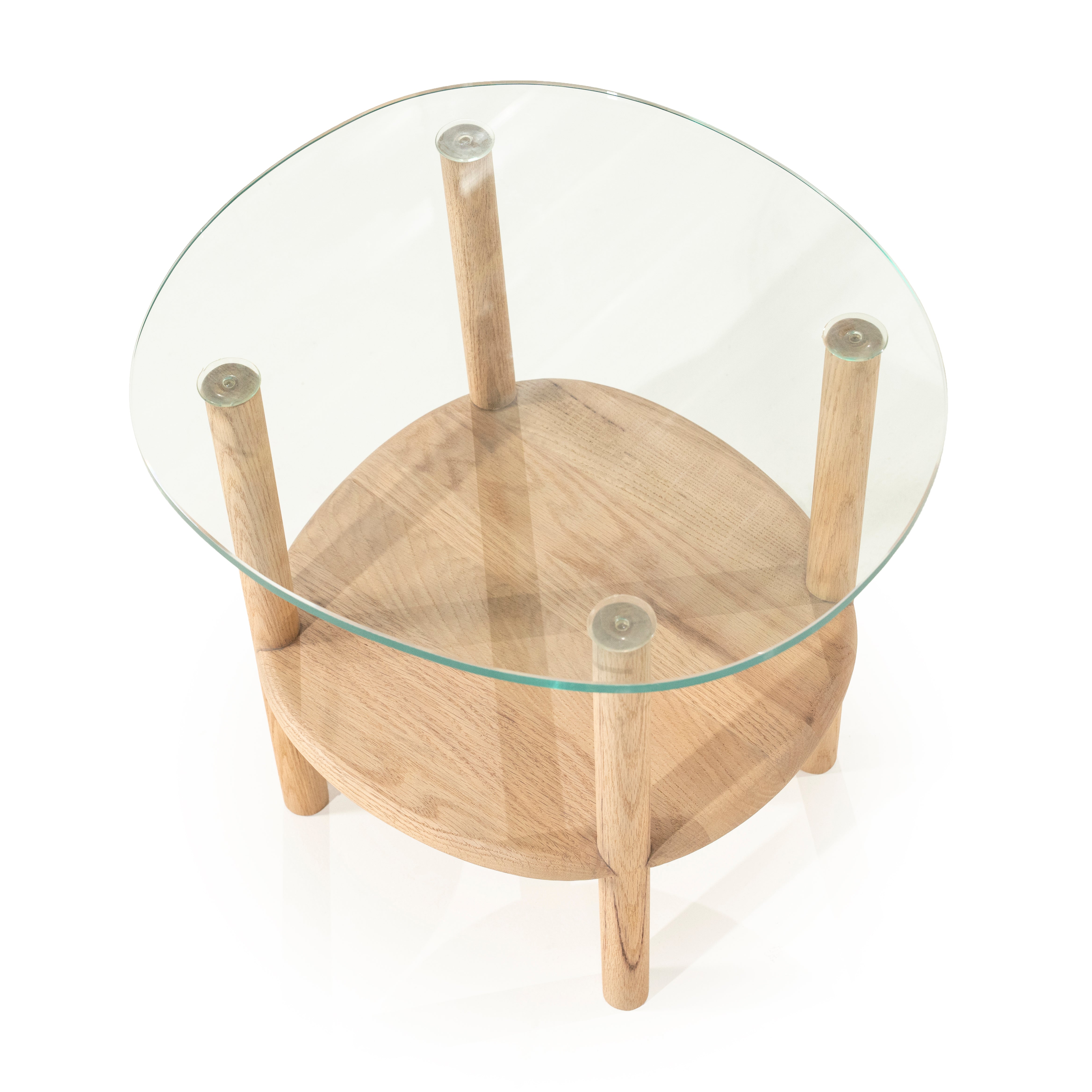 CLEO side table made of oak wood with a glass top