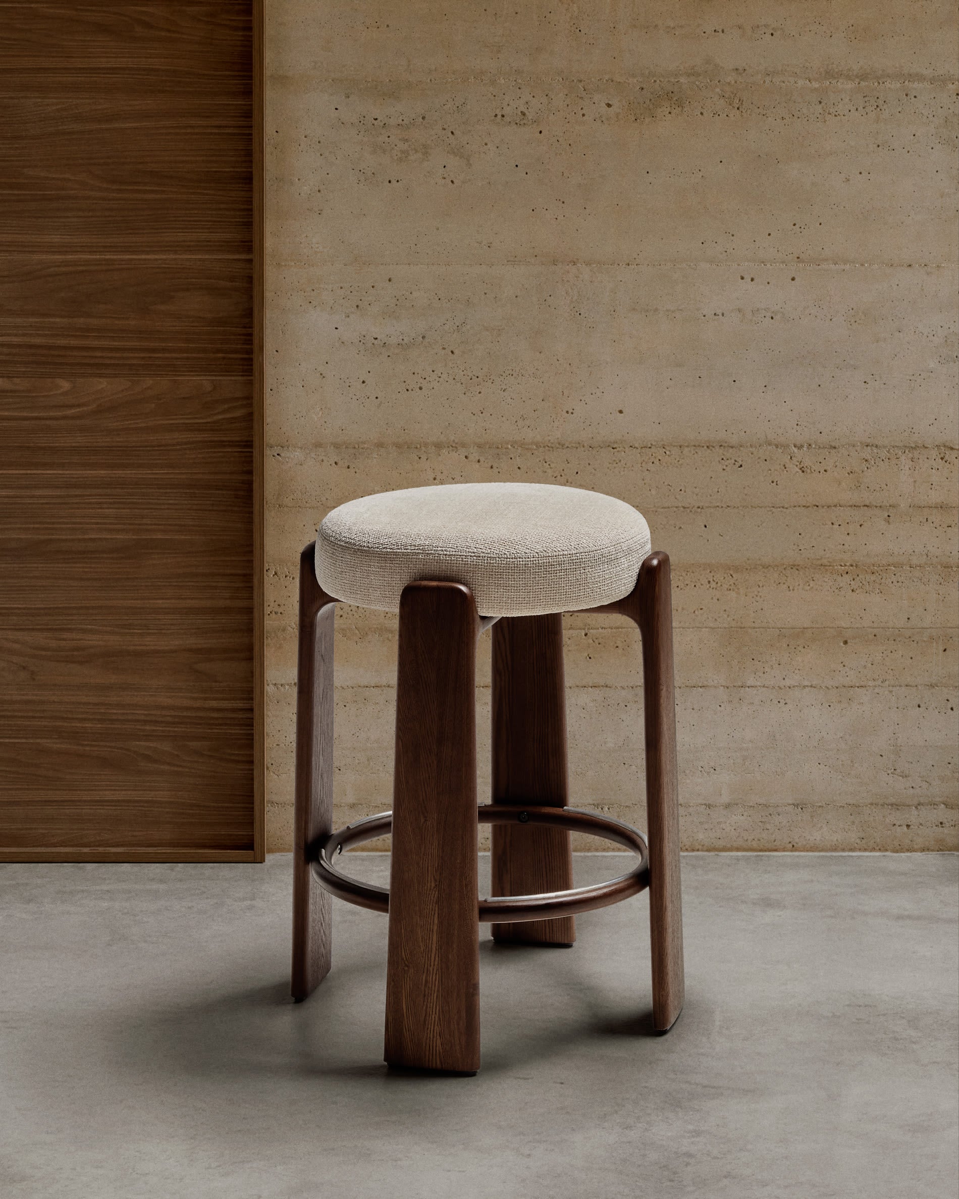 GRANITE beige chenille bar stool with a dark ash base