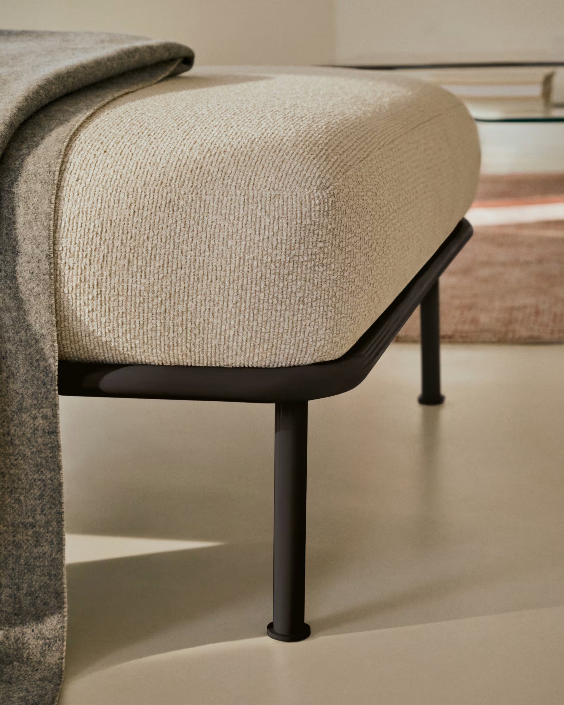 AURUM ecru chenille footstool with a dark gray base
