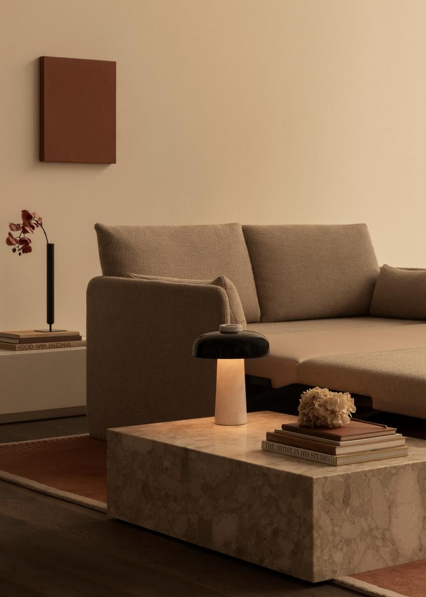REVERSE table lamp with a brown shade and a stone base