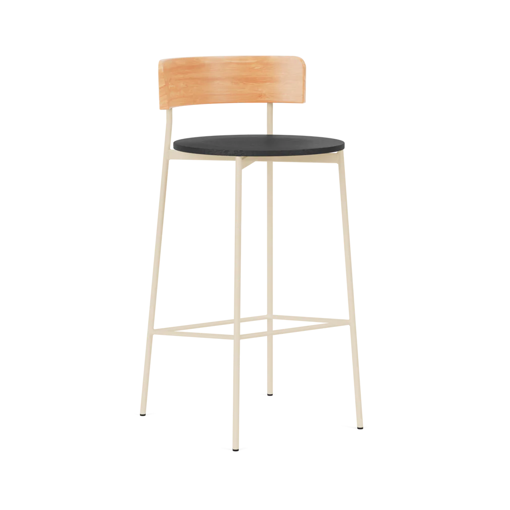 FRIDAY Bar Stool with Black Seat, Wooden Backrest, and Beige Base