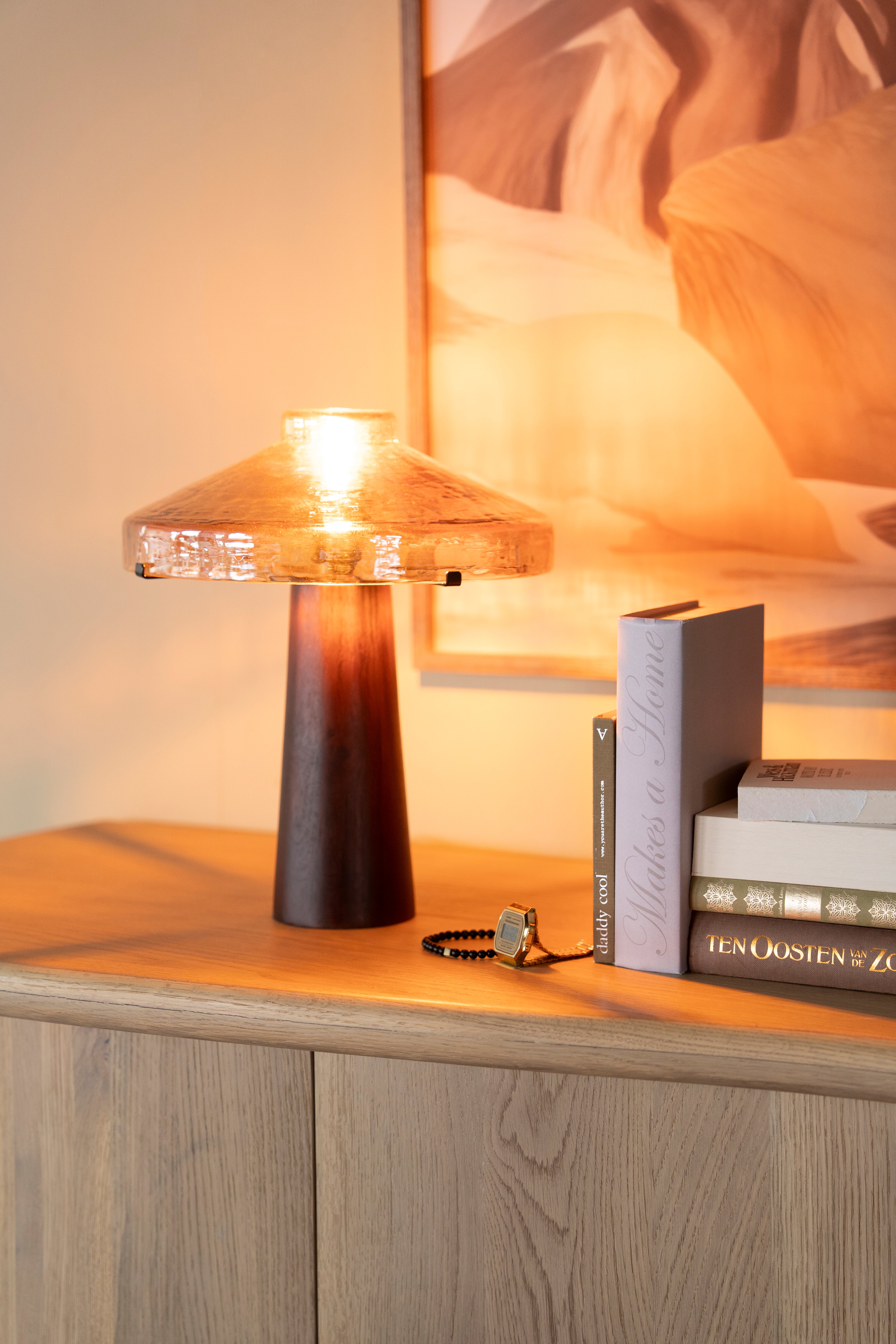 DOME table lamp with wooden base and glass shade