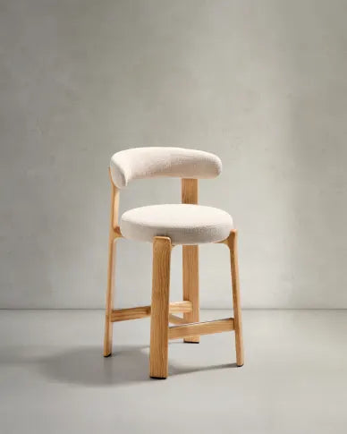GRANITE beige chenille stool with an ash base