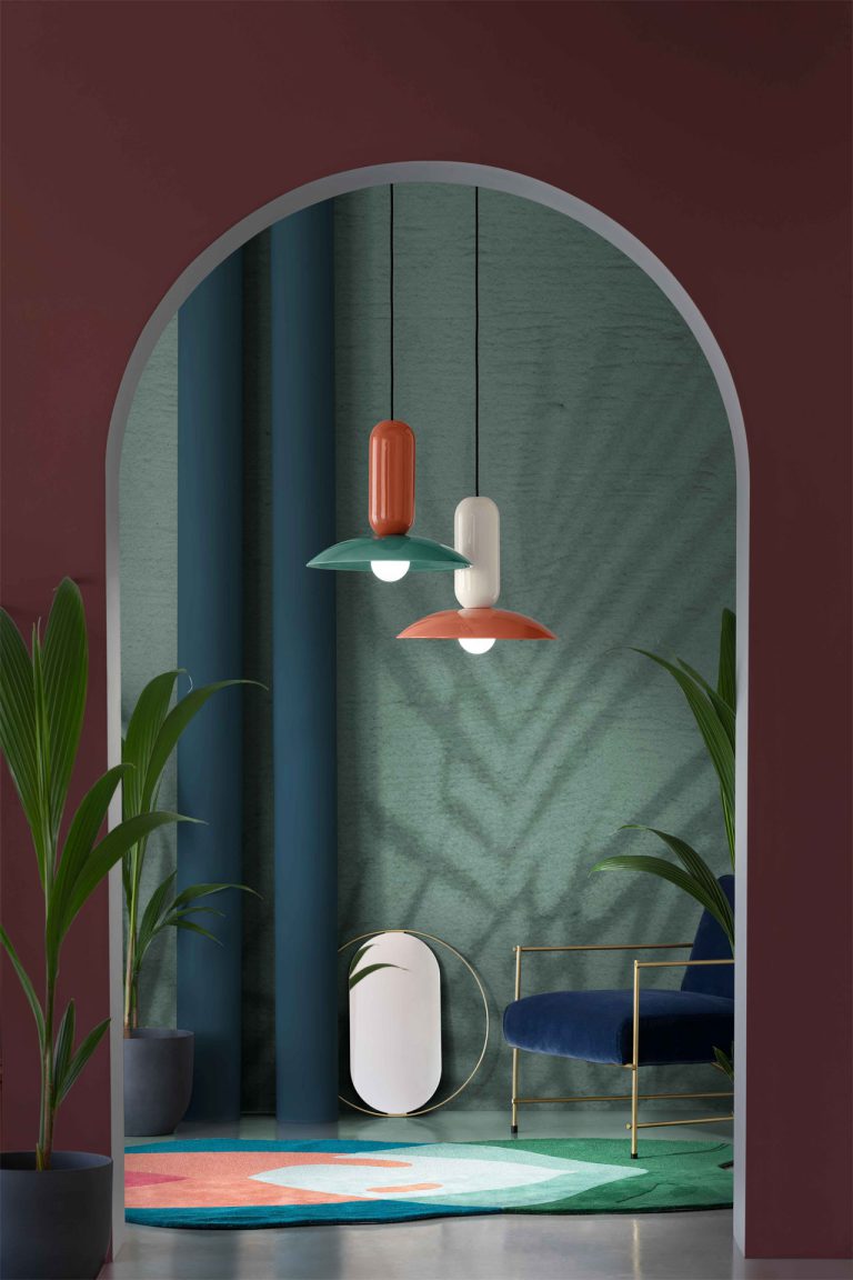 Ceramic pendant lamp PAU orange with turquoise