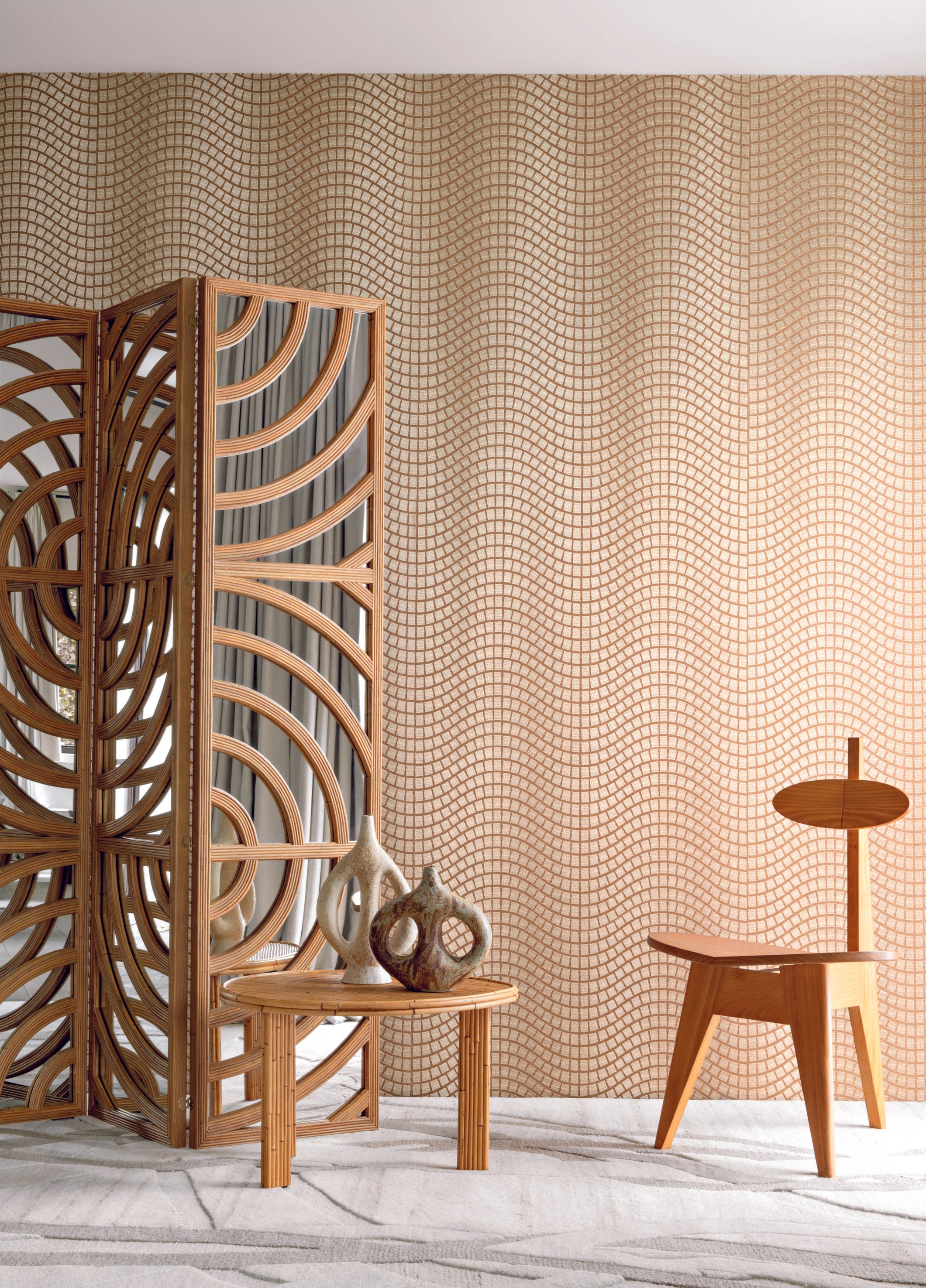 Plant fiber wallpaper with geometric pattern ONSEN - BEIGE NATUREL beige