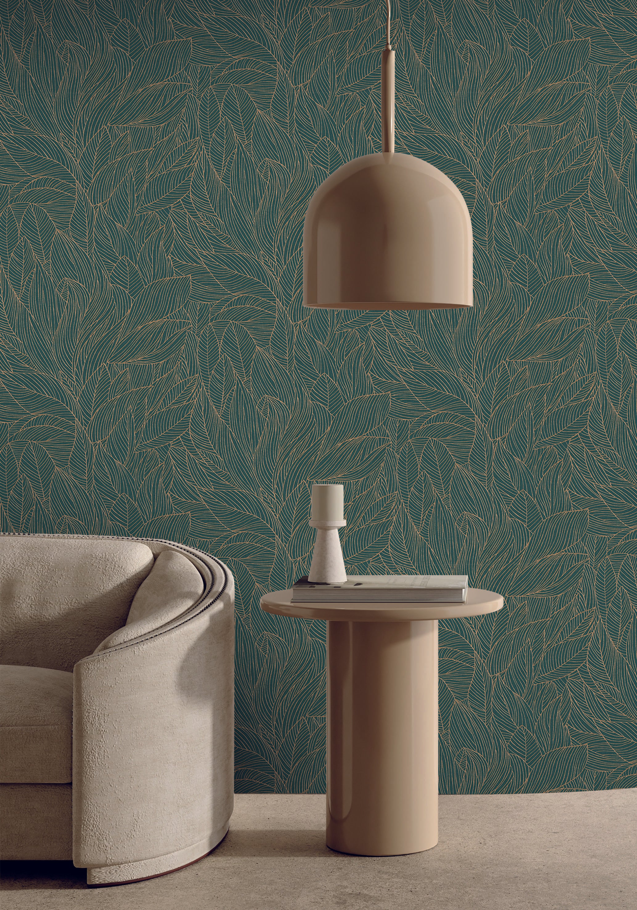 Non-woven wallpaper with a plant motif HOSTA - JASPE/DORÉ green with gold