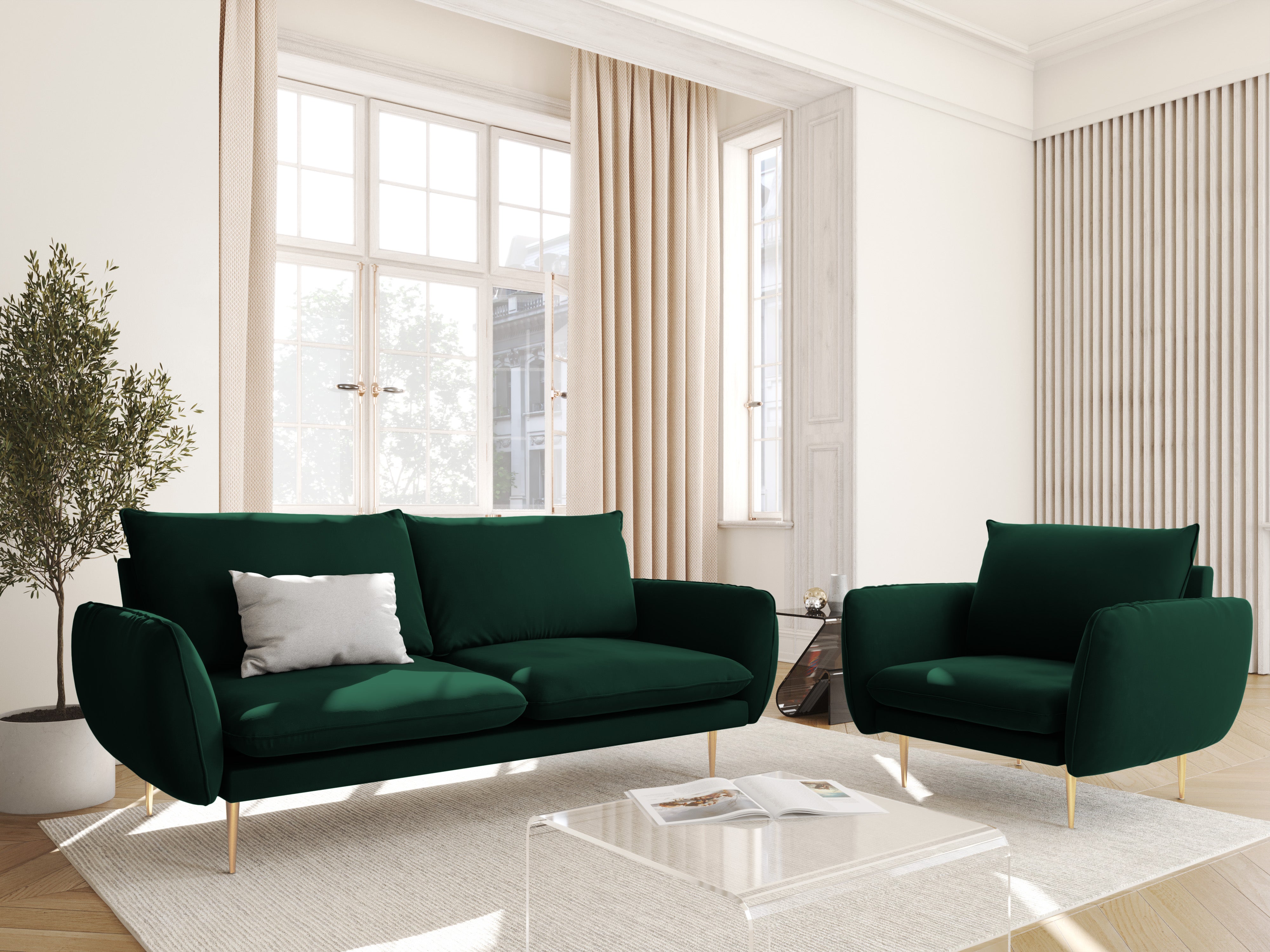 Velvet 2-seater Sofa VIENNA bottle green with a gold base