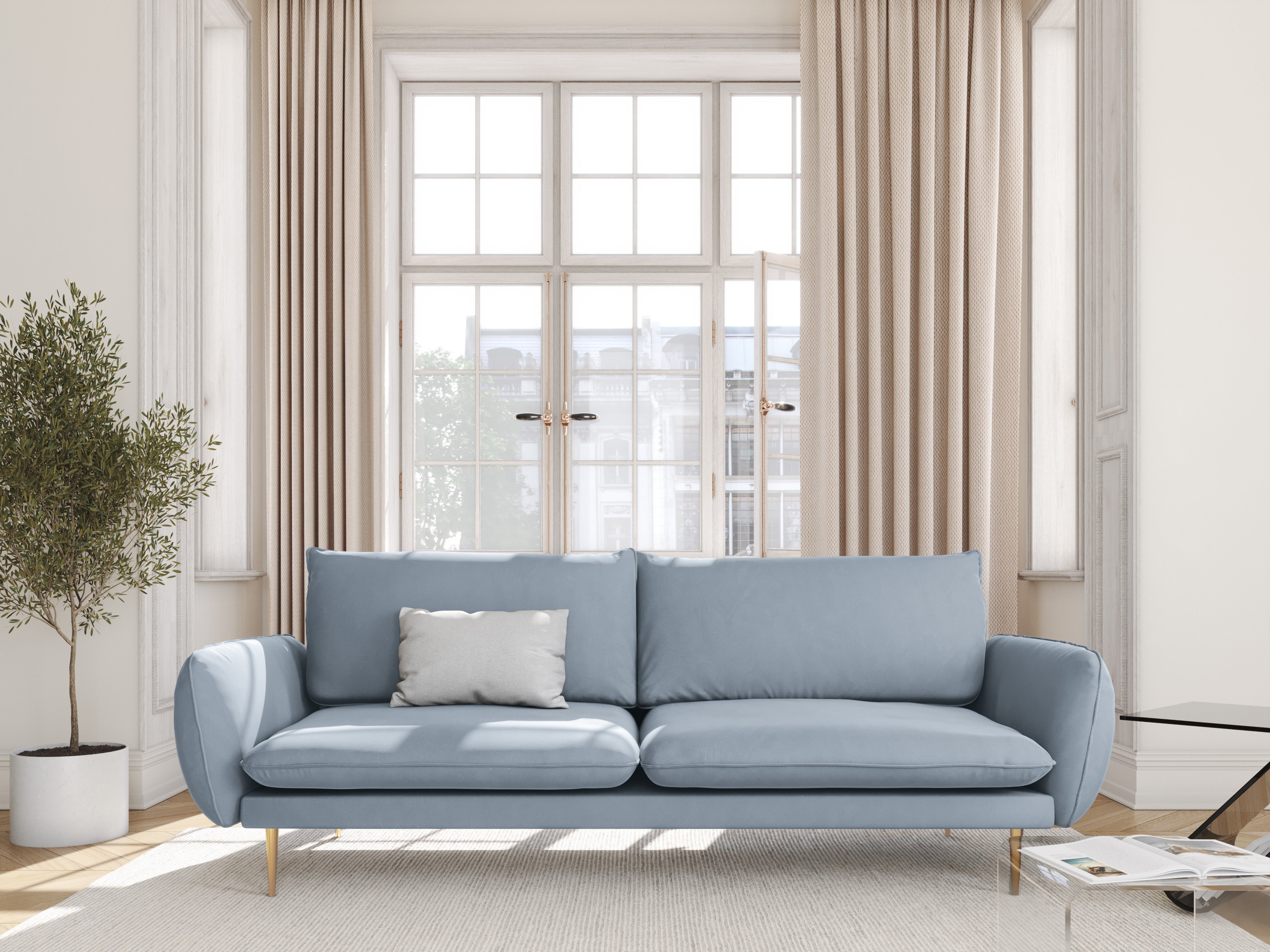 Velvet sofa 3-seater VIENNA light blue with gold base